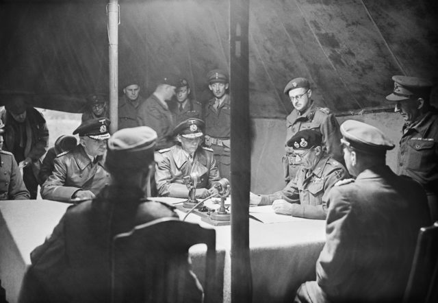 A picture of the signing of the surrender of all German forces in northwestern Europe at Luneberg Heath, 4 May 1945, features in the book (IWM/PA)