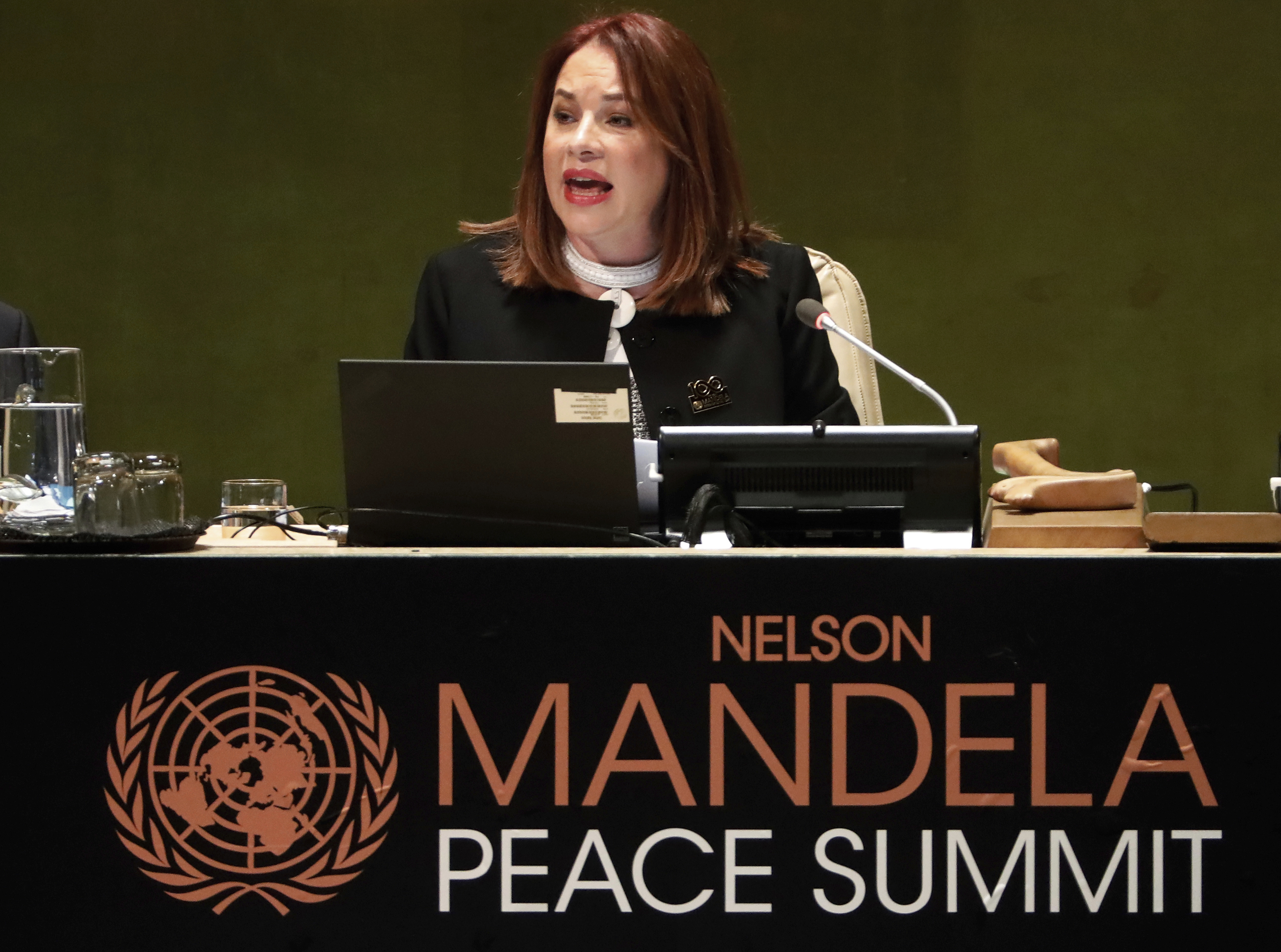 UN General Assembly president Maria Fernanda Espinosa addresses the Nelson Mandela Peace Summit