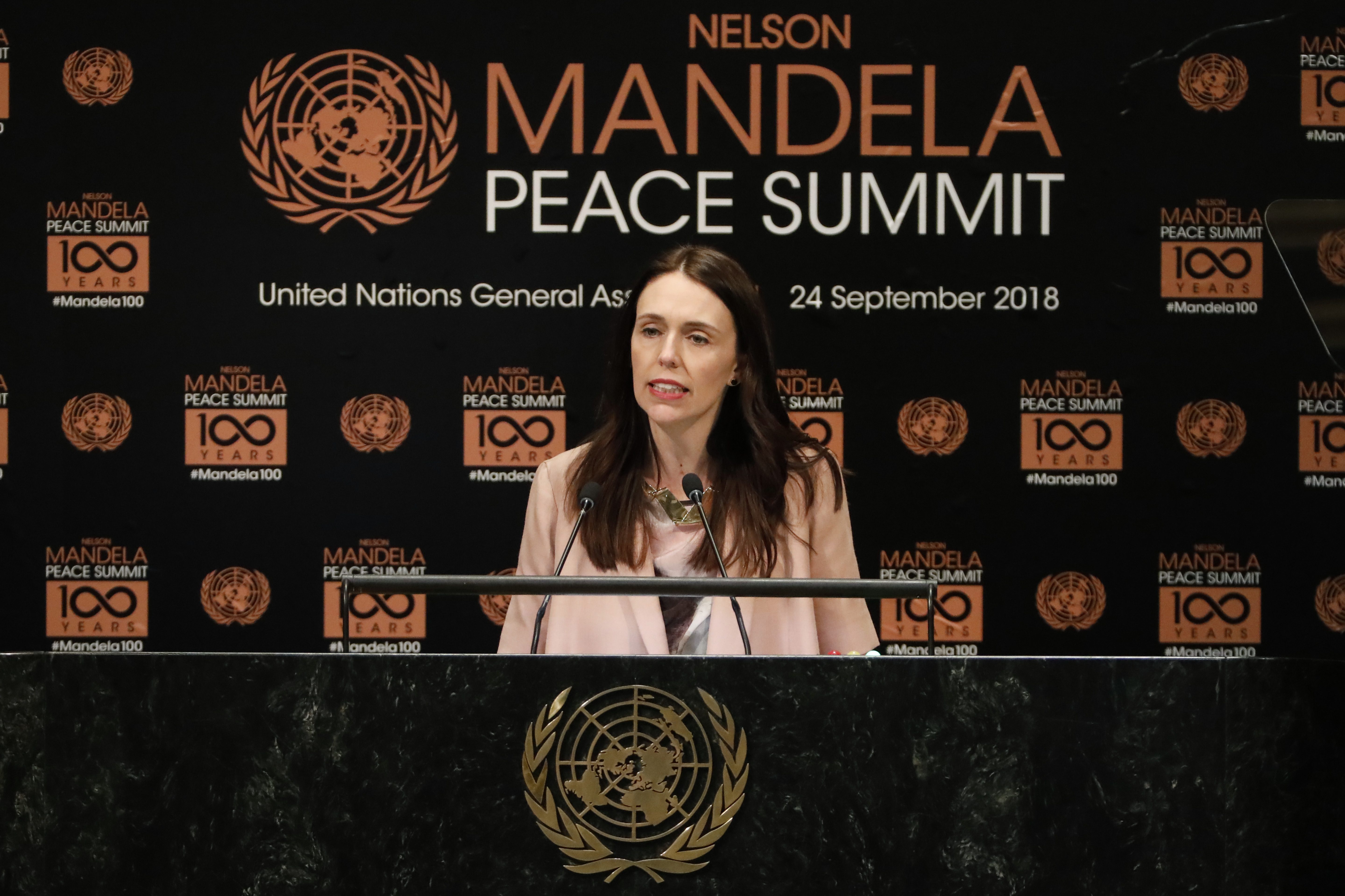 New Zealand Prime Minister Jacinda Ardern addresses the Nelson Mandela Peace Summit in the United Nations General Assembly, at U.N. headquarters