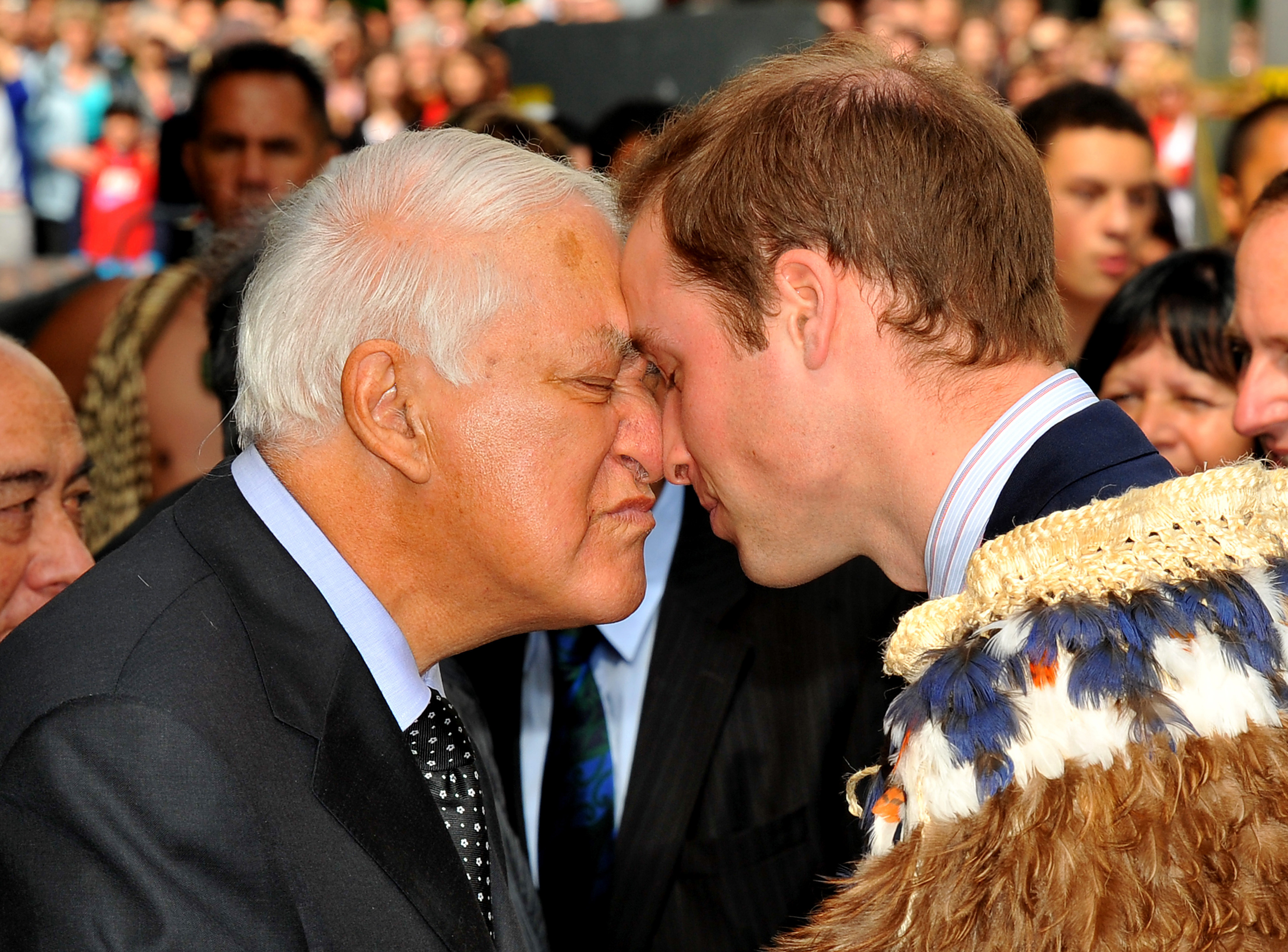 William is given a traditional Maori greeting by former governor-general of New Zealand Sir Paul Reeves in 2010 (John Stillwell/PA)