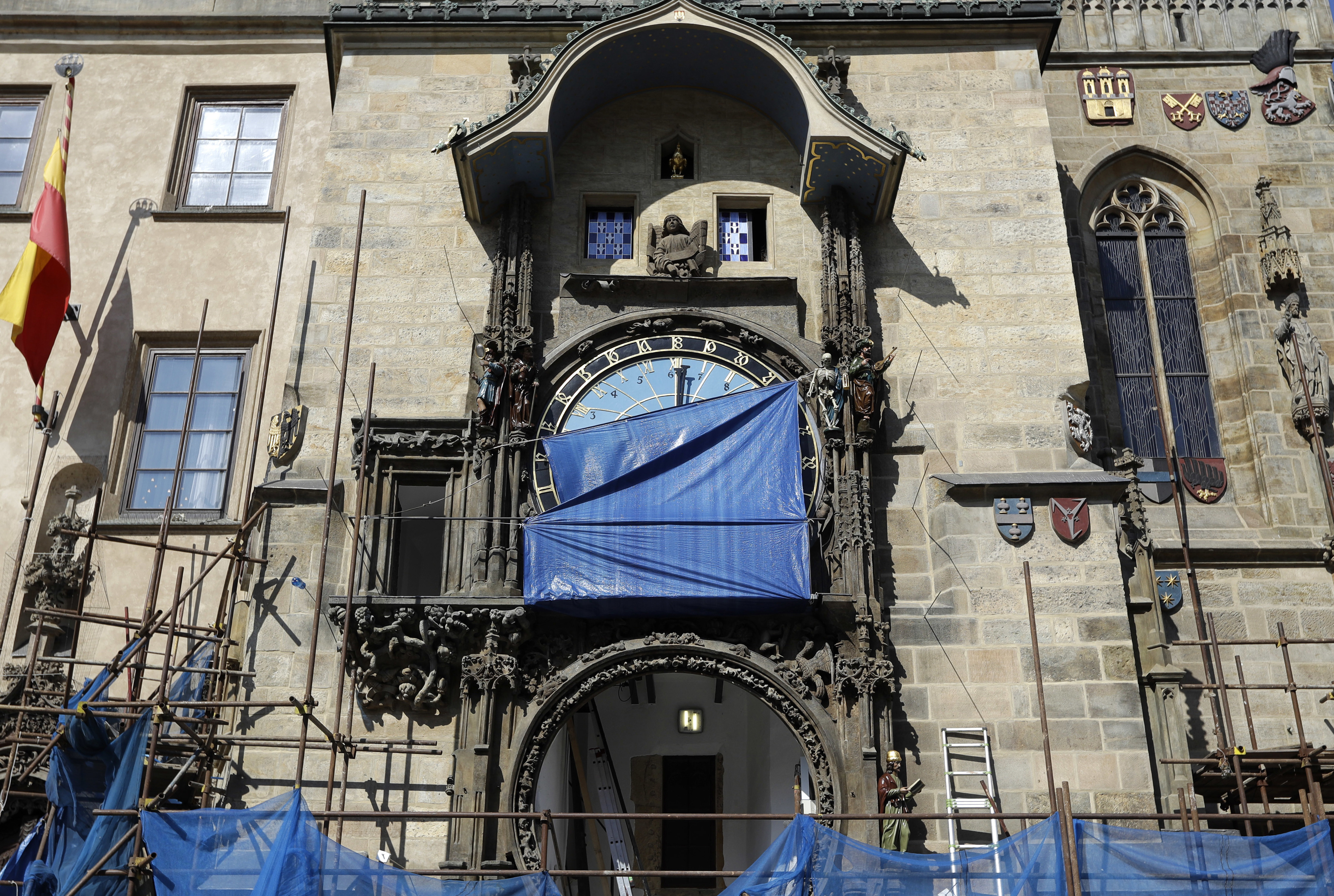 Scaffolding surrounds the famed Prague's medieval astronomical clock