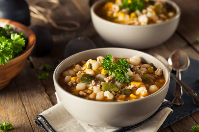 Hot Homemade White Bean Chicken Chili with Peppers and Corn