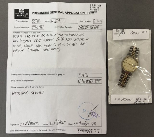 Reggie Kray’s watch, which he handed out from Wayland Prison in Norfolk, is in the style of a Rolex but is made of steel and is gold-plated rather than real gold. (Cheffins/ PA)