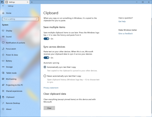 New clipboard features on Windows 10
