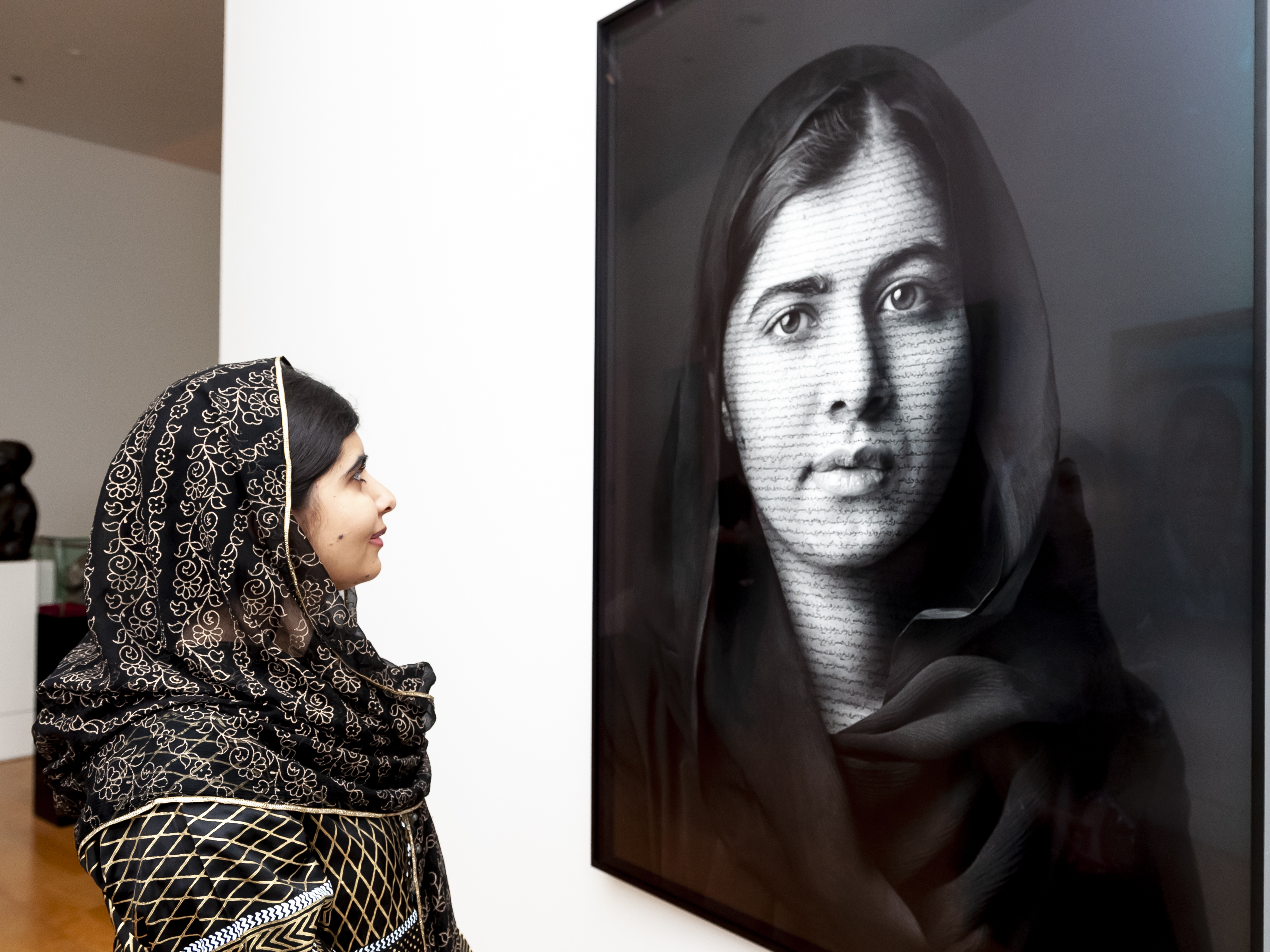 A portrait of Malala Yousafzai by Iranian-born artist and filmmaker Shirin Neshat 