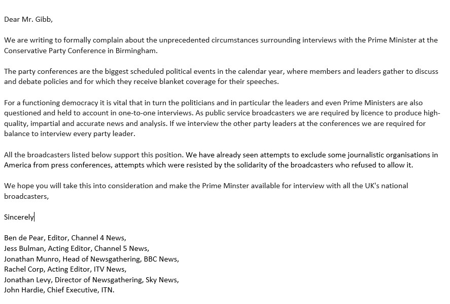 The letter sent by broadcasters to Number 10 communications chief Robbie Gibb