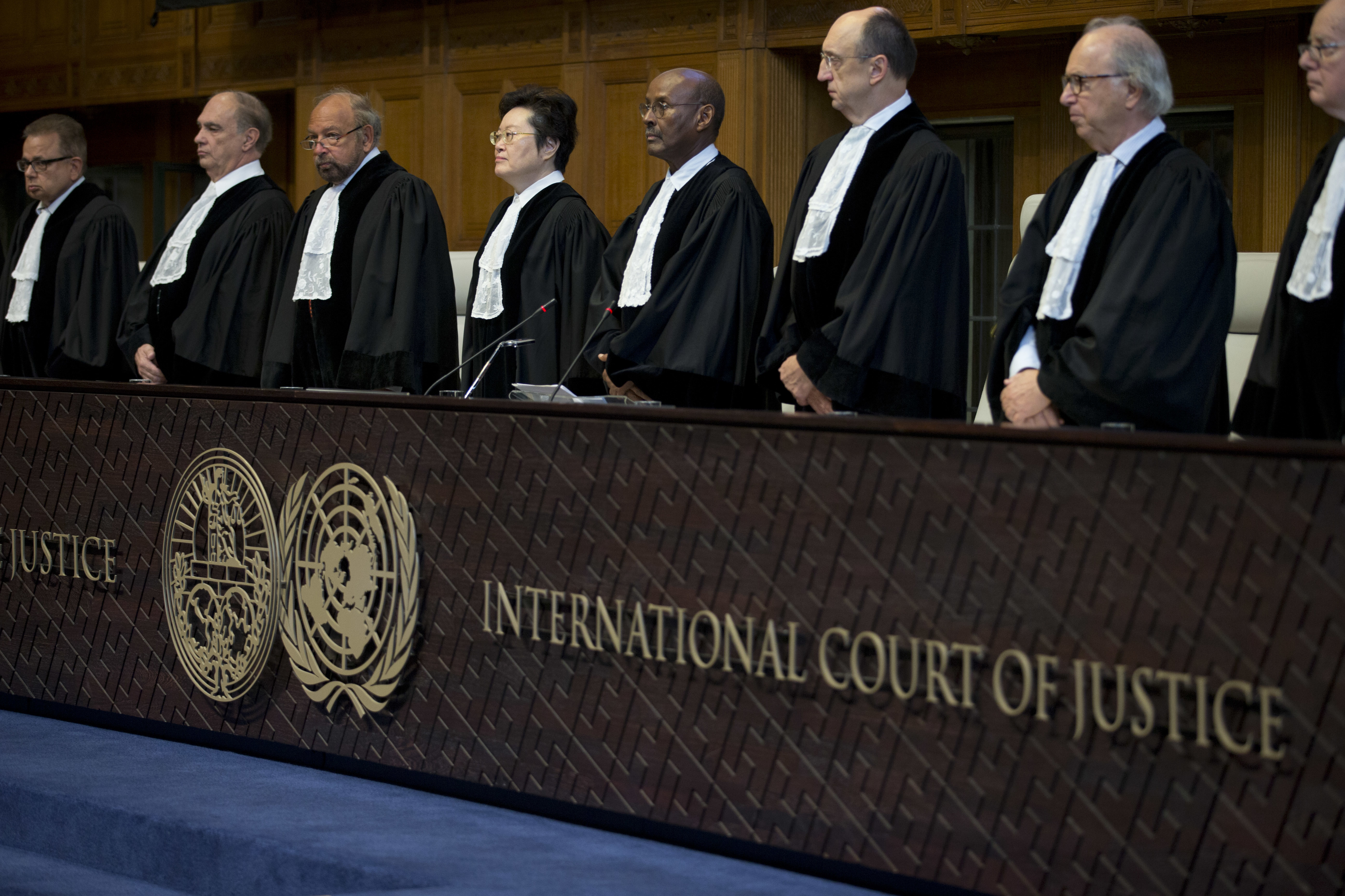 Judges enter the International Court of Justice in The Hague, Netherlands