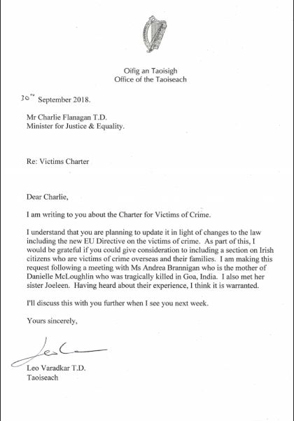 letter from Leo Varadkar to Charlie Flanagan