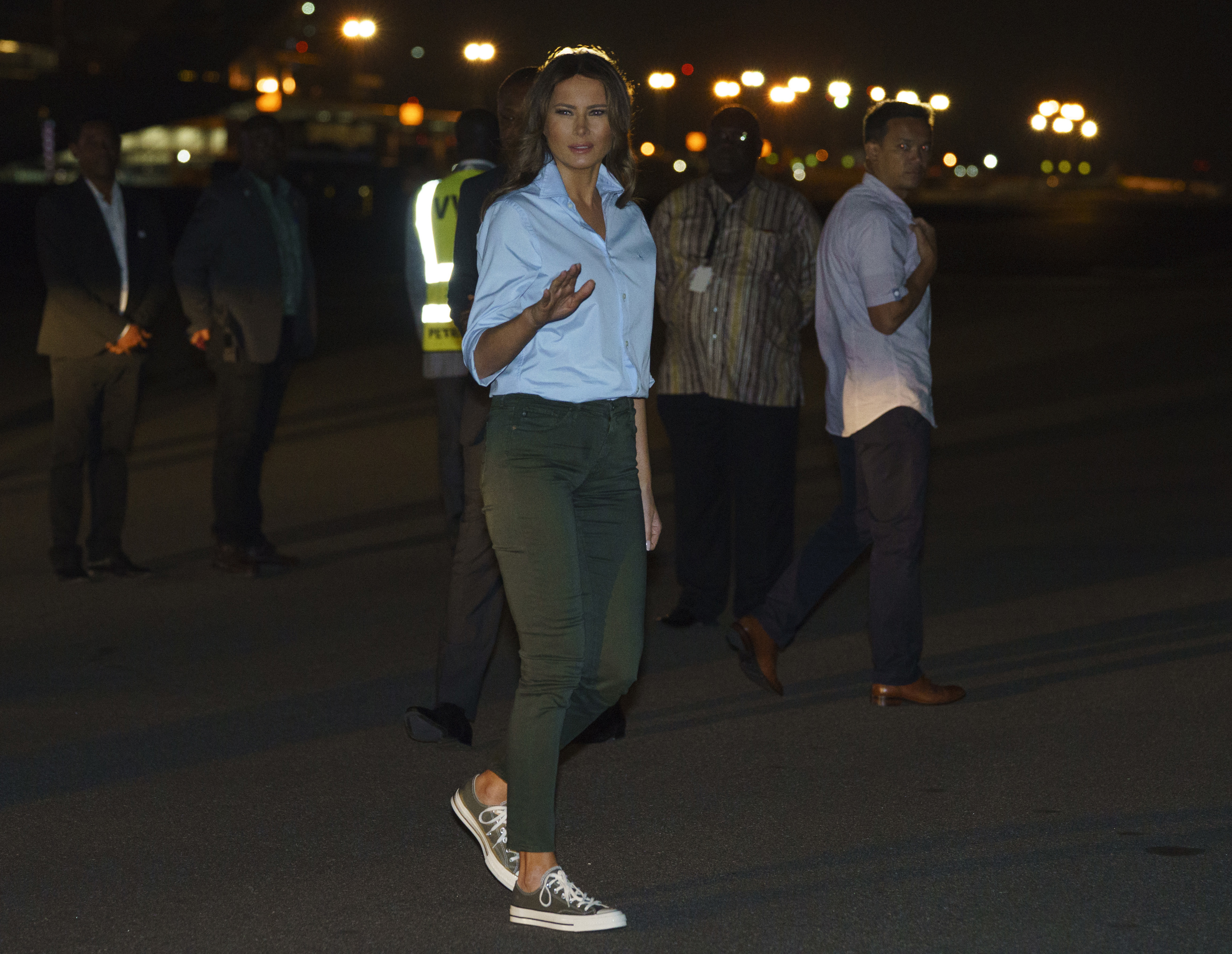 Melania Trump boards a plane at Kotoka International Airport in Accra, Ghana