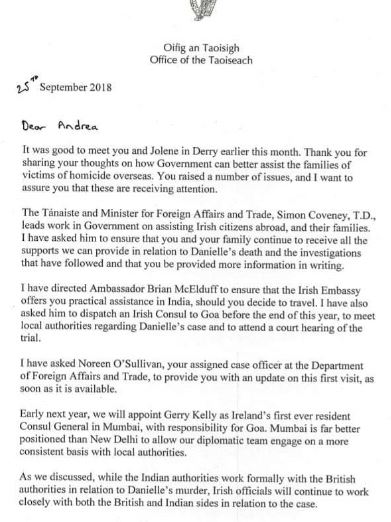 Letter from Leo Varadkar to Andrea Brannigan