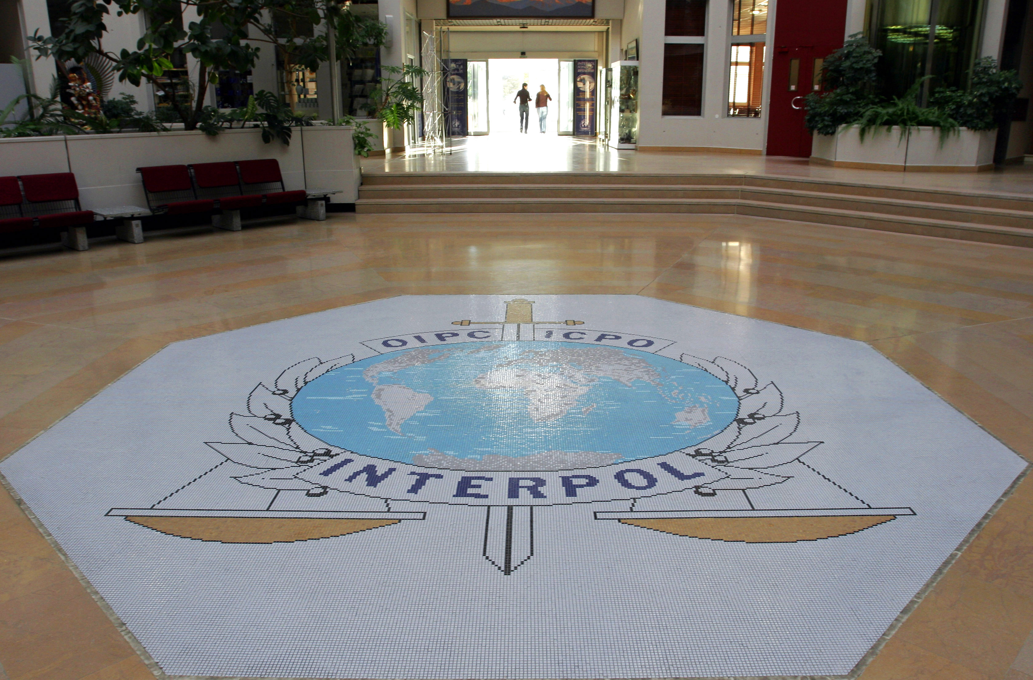 The entrance hall of Interpol's headquarters in Lyon, central France