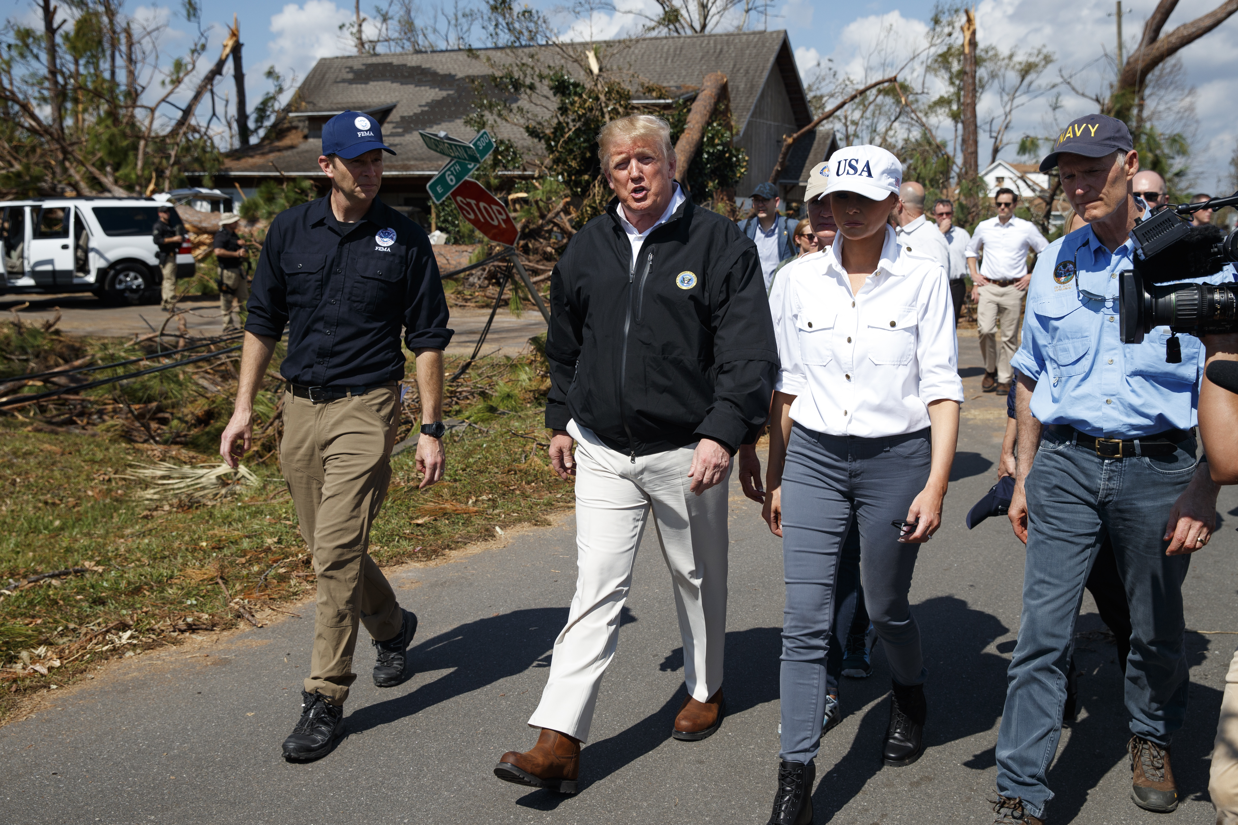 Donald and Melania Trump view the damage in Lynn Haven, Florida