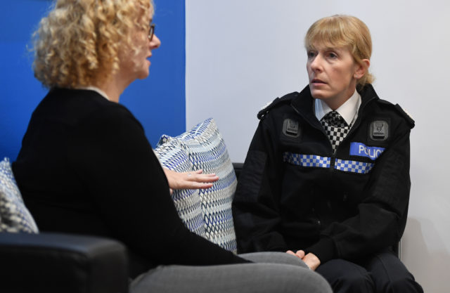 Assistant Chief Constable Jackie Sebire of Bedfordshire Police (right) talks to Sarah Vale, who is one of Elisha Crimmins' carers. (Joe Giddens/ PA)