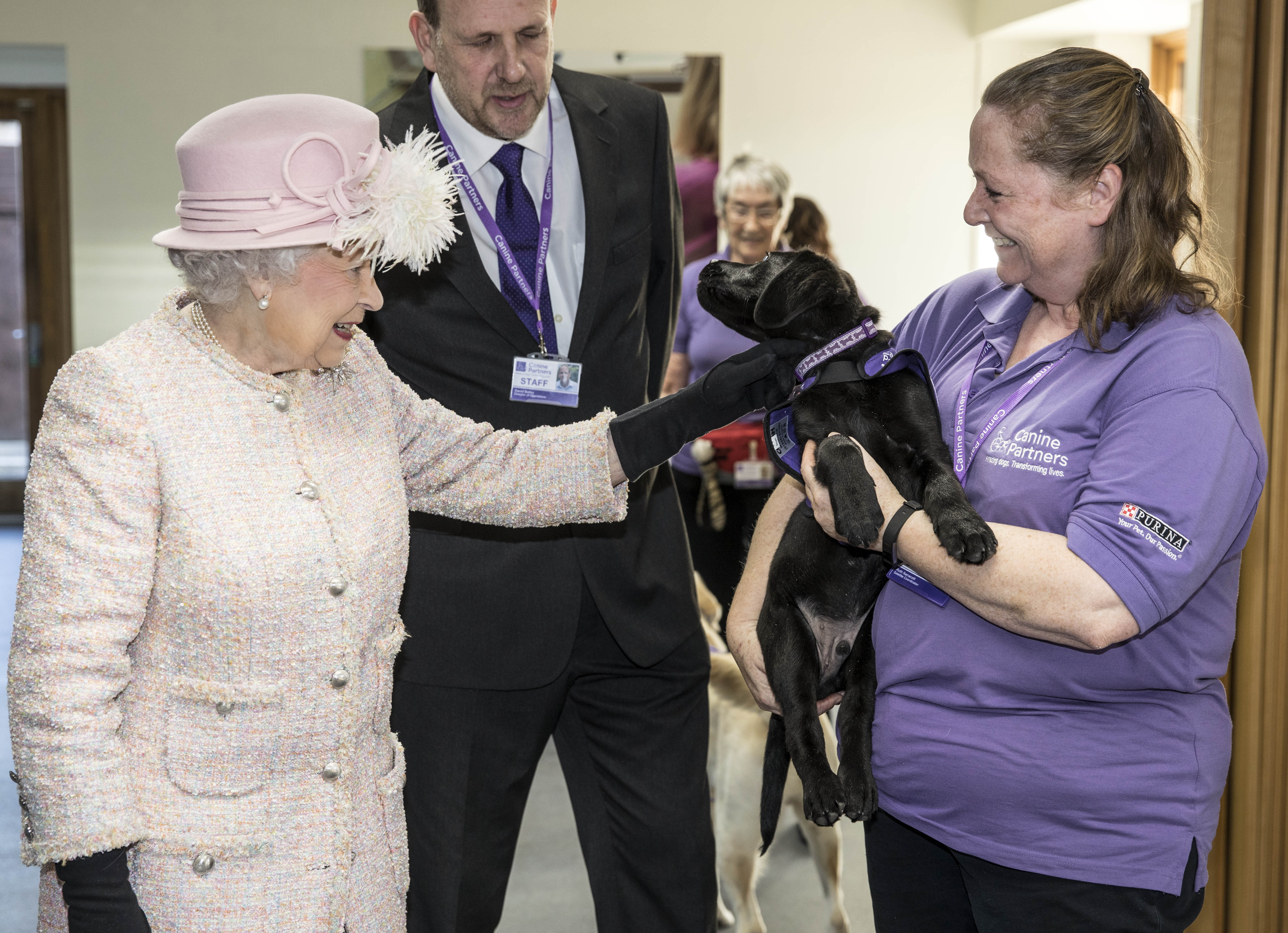 Queen Elizabeth II is introduced to 12 week old Labrador puppy "Flint" by her trainer Ruth Narracott as she tours the facilities at "Canine Partners" charity in Midhurst in Sussex.