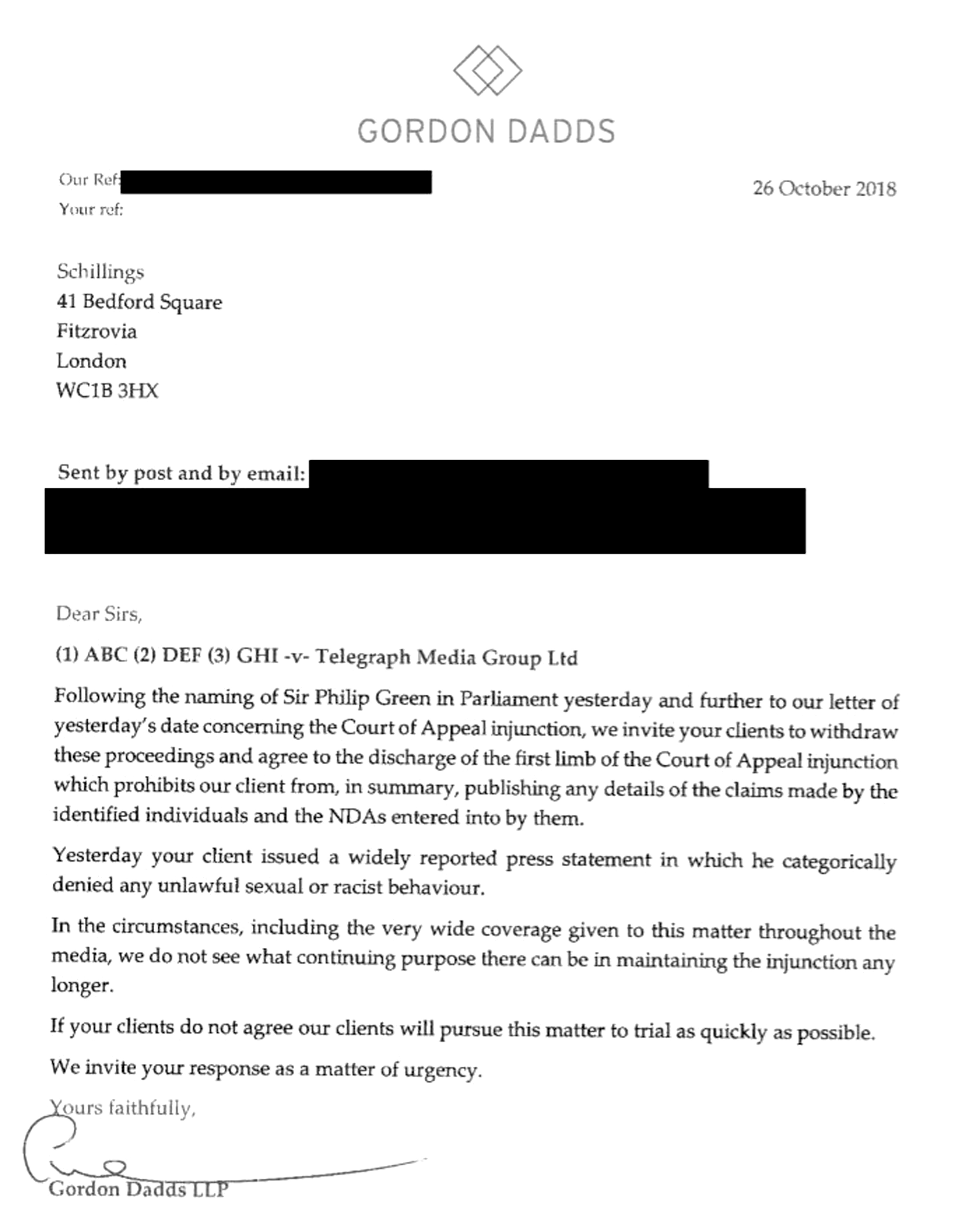 Letter to Sir Philip Green's lawyers