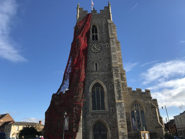 Volunteers crafted more than 23,000 handmade poppies. More than 21,000 of them are displayed on St Peter's church in Sudbury, Suffolk and the rest are on the town hall building. (Sam Russell/ PA)