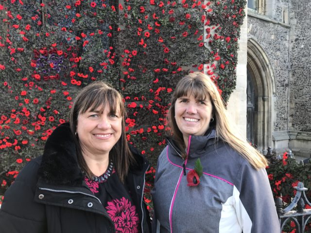 Teresa Elford (left) and Jodie Budd, both of Sudbury Town Council, said the idea was inspired by a previous knitted poppy display in Walsham-le-Willows. (Sam Russell/ PA)