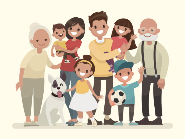 Happy family. Father, mother, grandfather,grandmother, children and pet. Vector illustration in a flat style