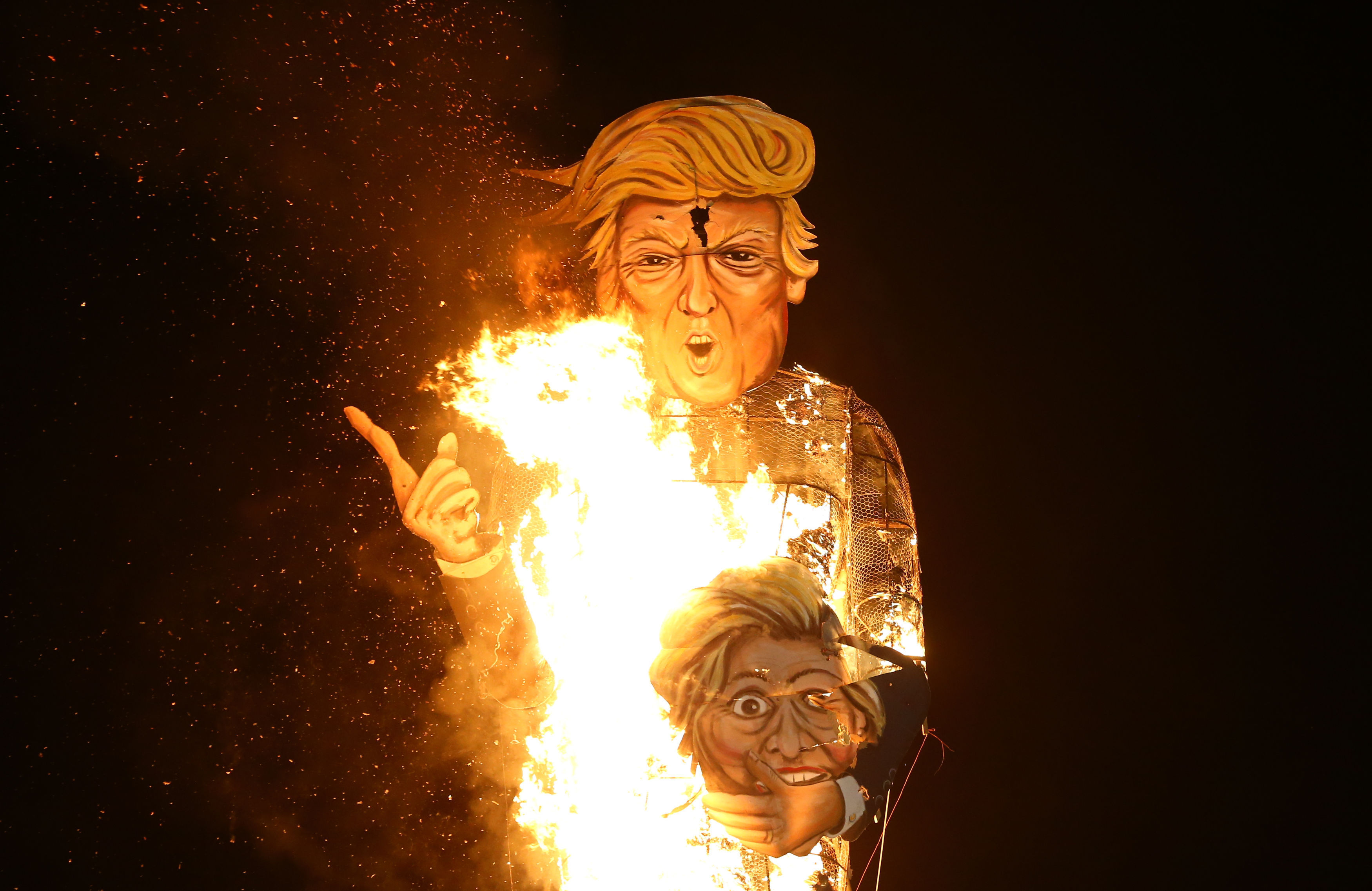 The Edenbridge Bonfire Society celebrity guy, US Presidential hopeful Donald Trump, is set on fire in Edenbridge, Kent, in 2016 