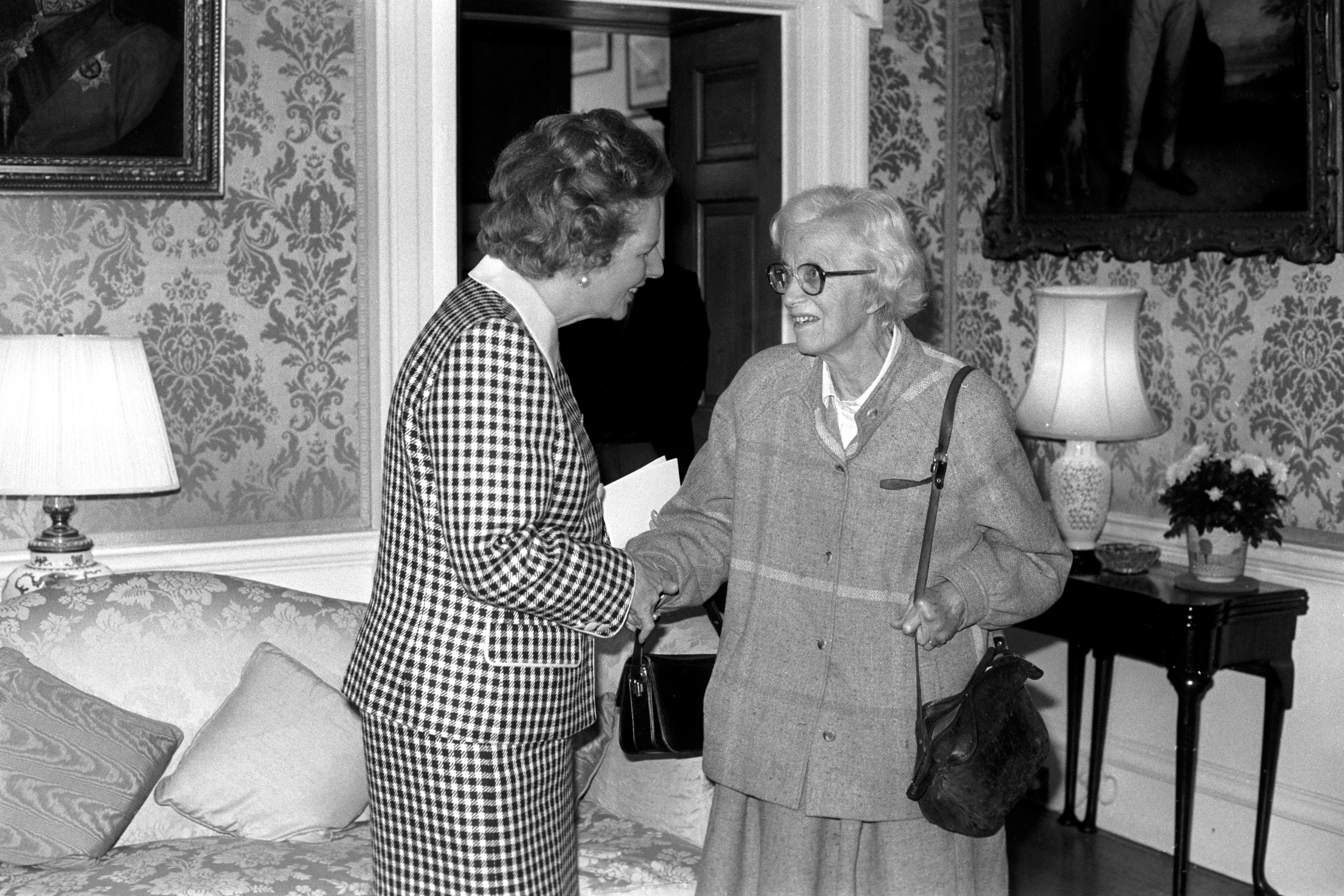 Then-PM Margaret Thatcher greets her former tutor, 78-year-old Professor Dorothy Hodgkin, before the luncheon for Nobel prizewinners given by Margaret Thatcher at Downing Street, London. Professor Hodgkin was honoured for her work on the structure of penicillin and vitamin B12