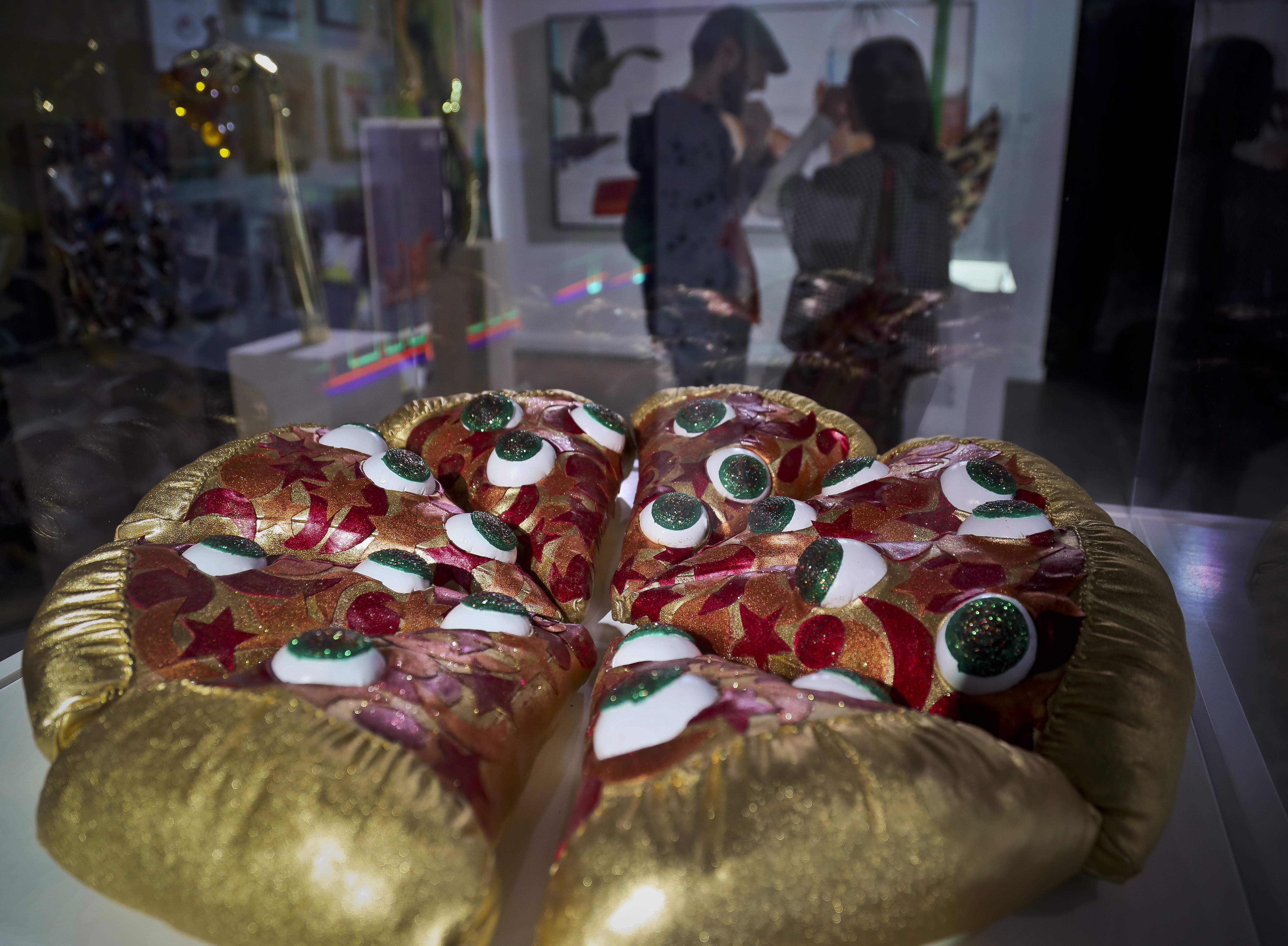 A textile sculpture from artist Hein Koh called Mystic Pizza, part of a group art exhibition celebrating pizza at The Museum of Pizza in New York
