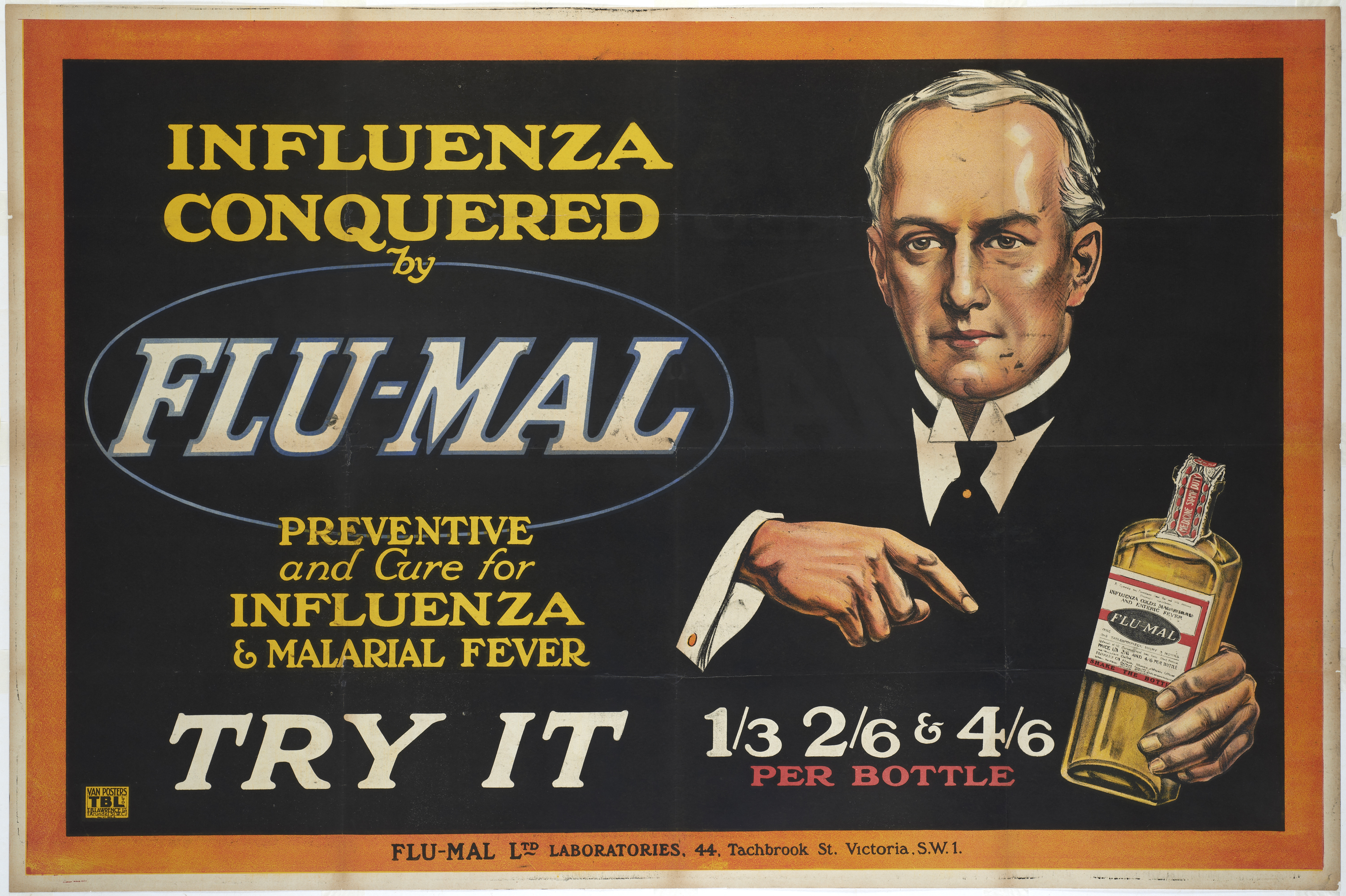 Influenza conquered by Flu-Mal. Advertising Poster 