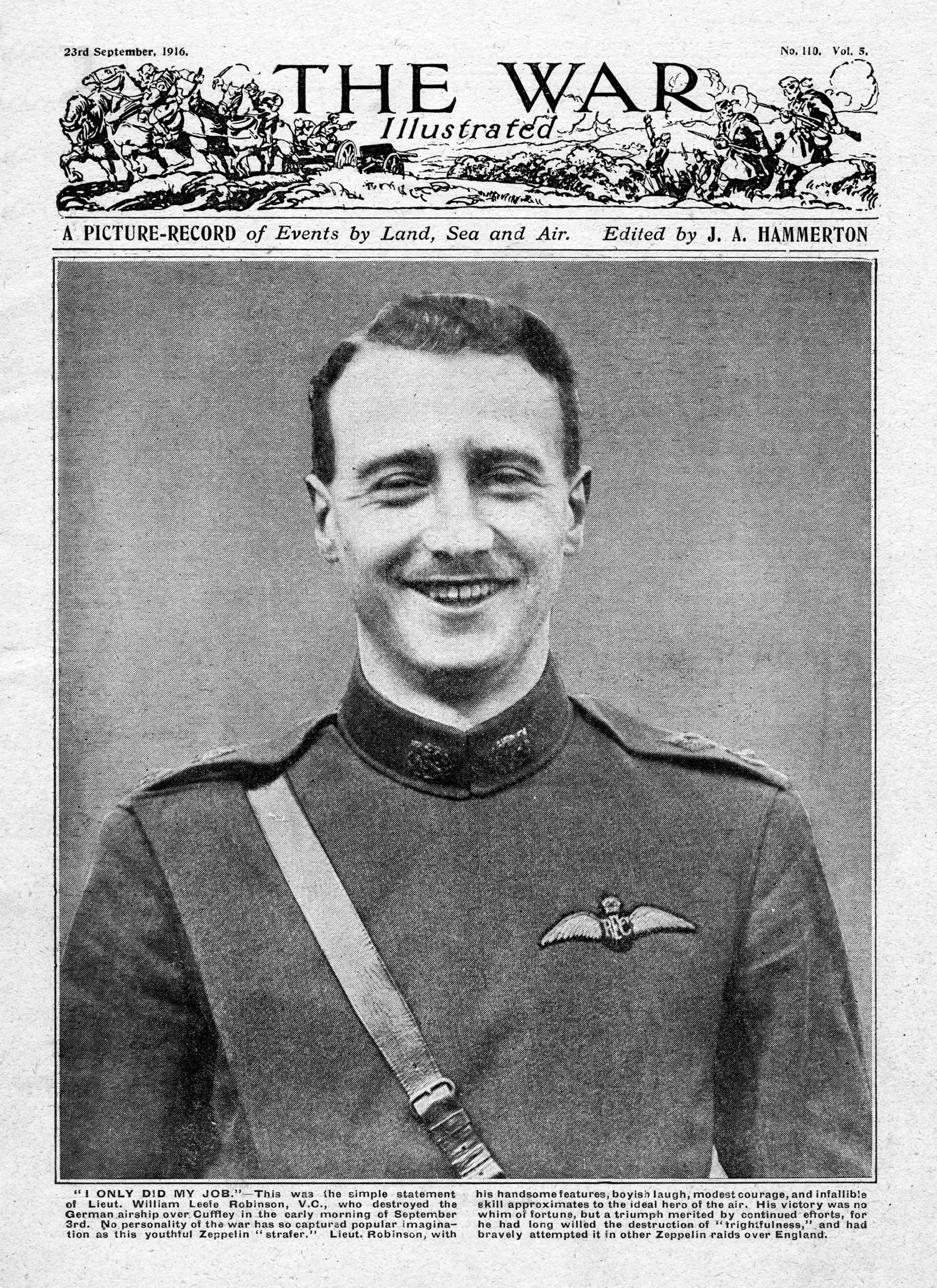 The War Illustrated front page reporting William Leefe Robinson VC Zeppelin shot down at Cuffley