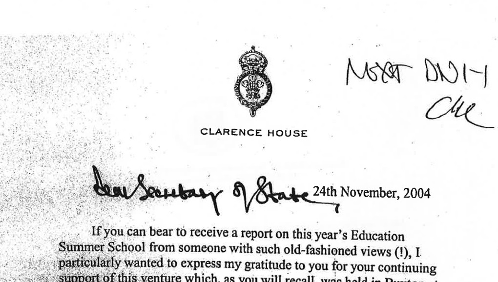 The opening lines of a letter dated 24/11/2004 written by the Prince of Wales to the then secretary of state for education and skills, Charles Clarke