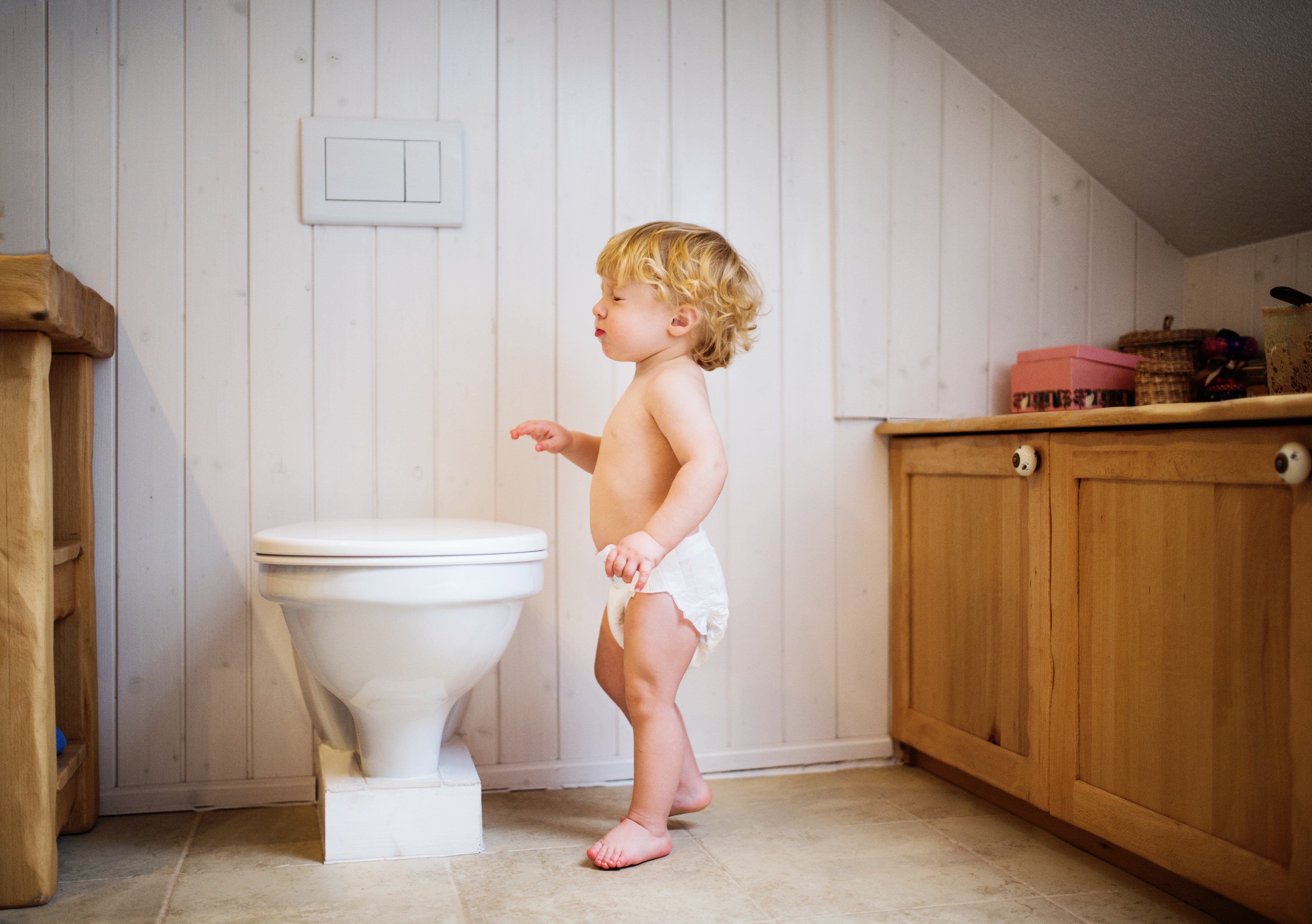 Toddler standing by a toilet