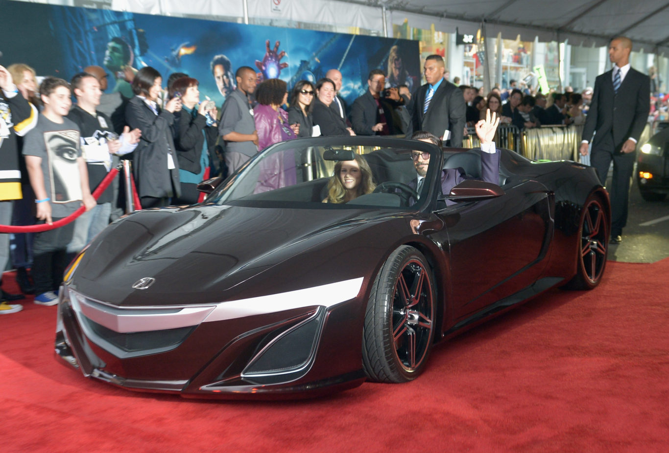 Robert Downey Jr. arrives in the NSX Roadster concept for the premiere of The Avengers.
