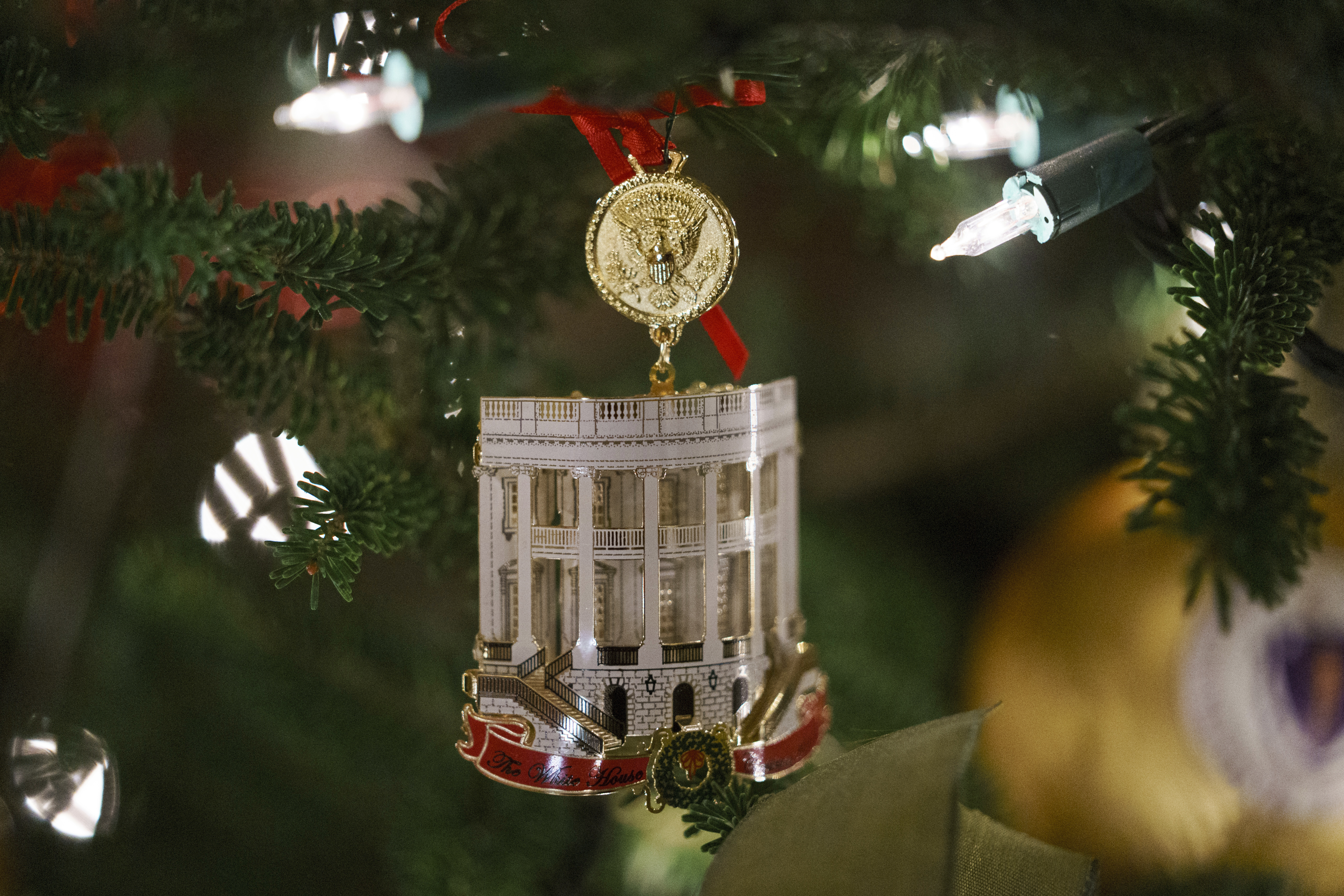 The Official 2018 White House Christmas Ornament is seen during the 2018 Christmas press preview