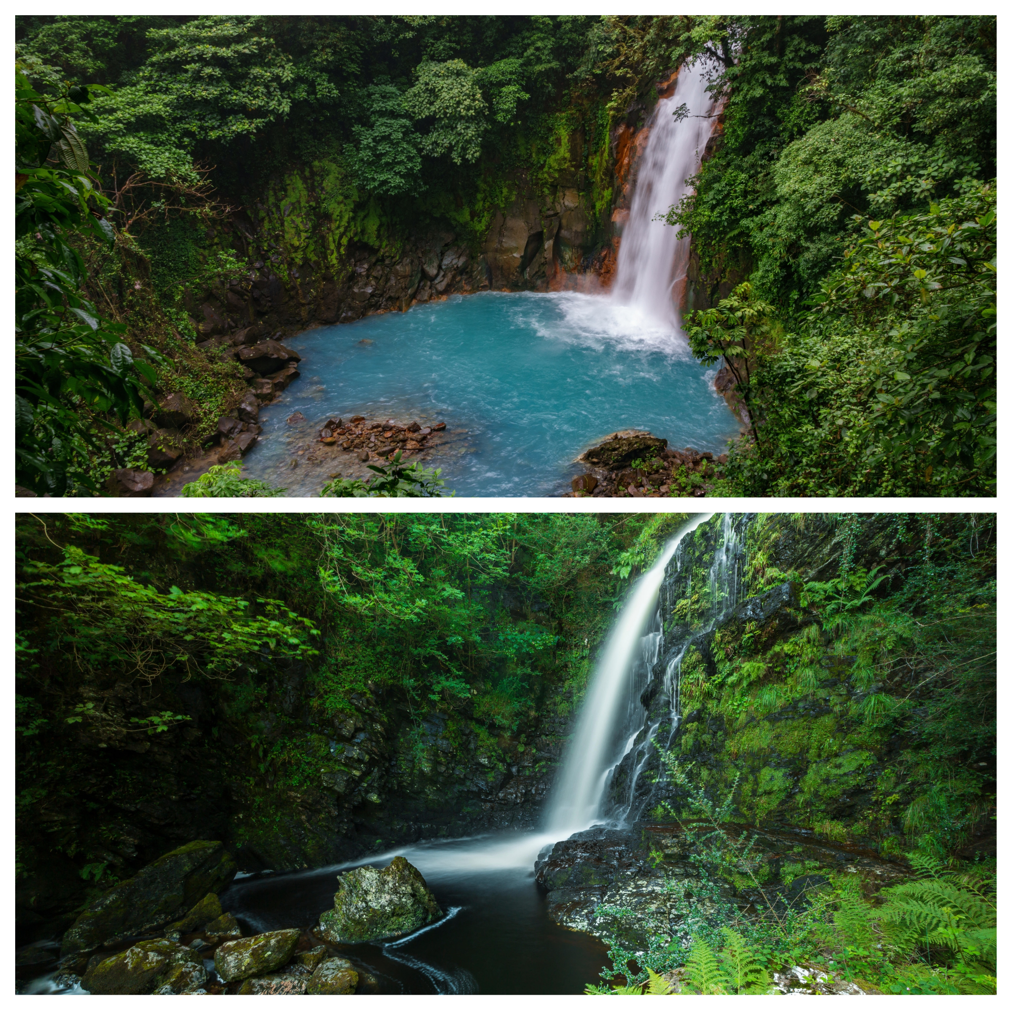 Top - the Rio Celeste Waterfall, Costa Rica; Bottom - the Queen's Way Waterfall, Scotland (Thinkstock/Alamy/PA)