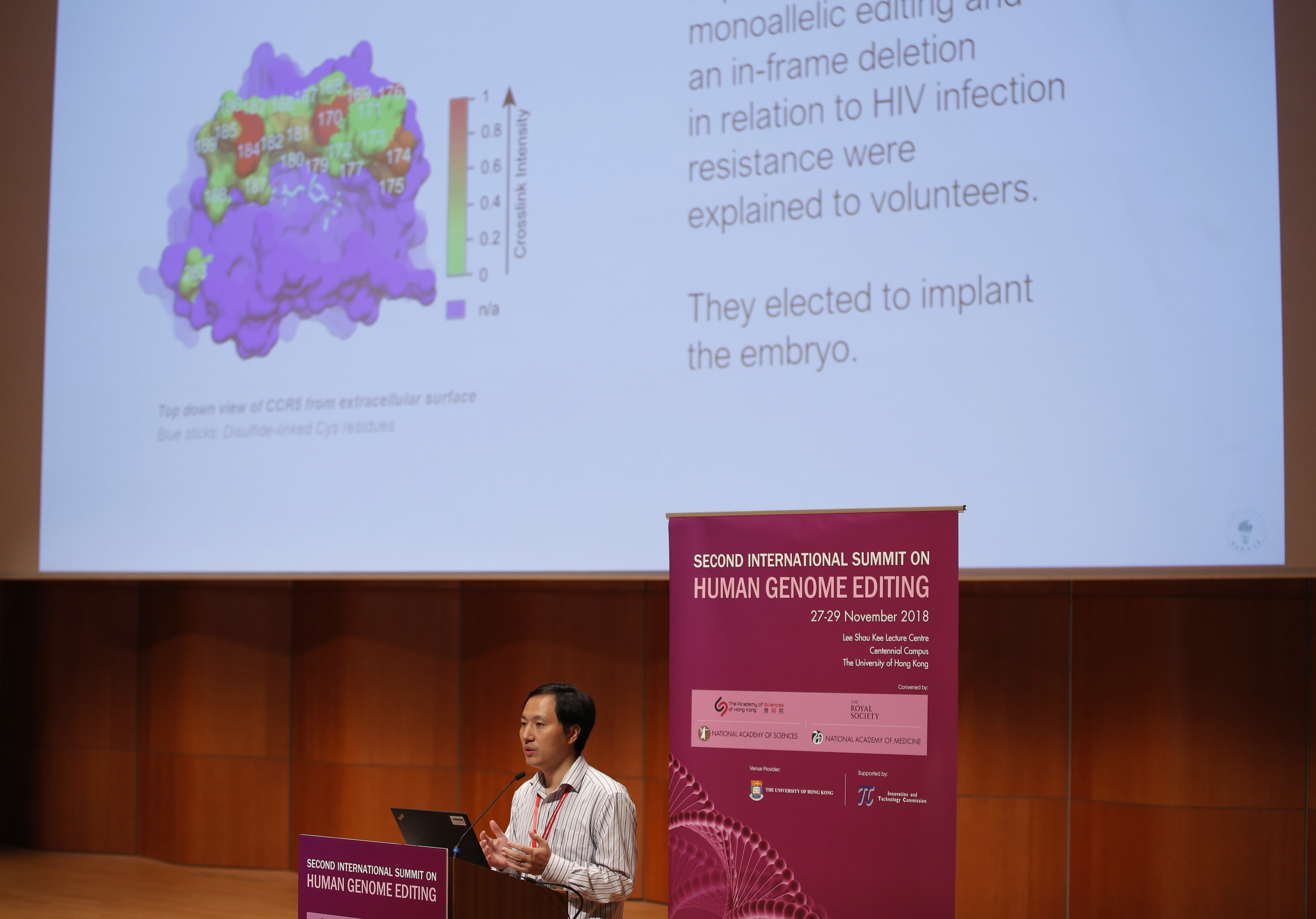 He Jiankui, a Chinese researcher, speaks during the Human Genome Editing Conference in Hong Kong