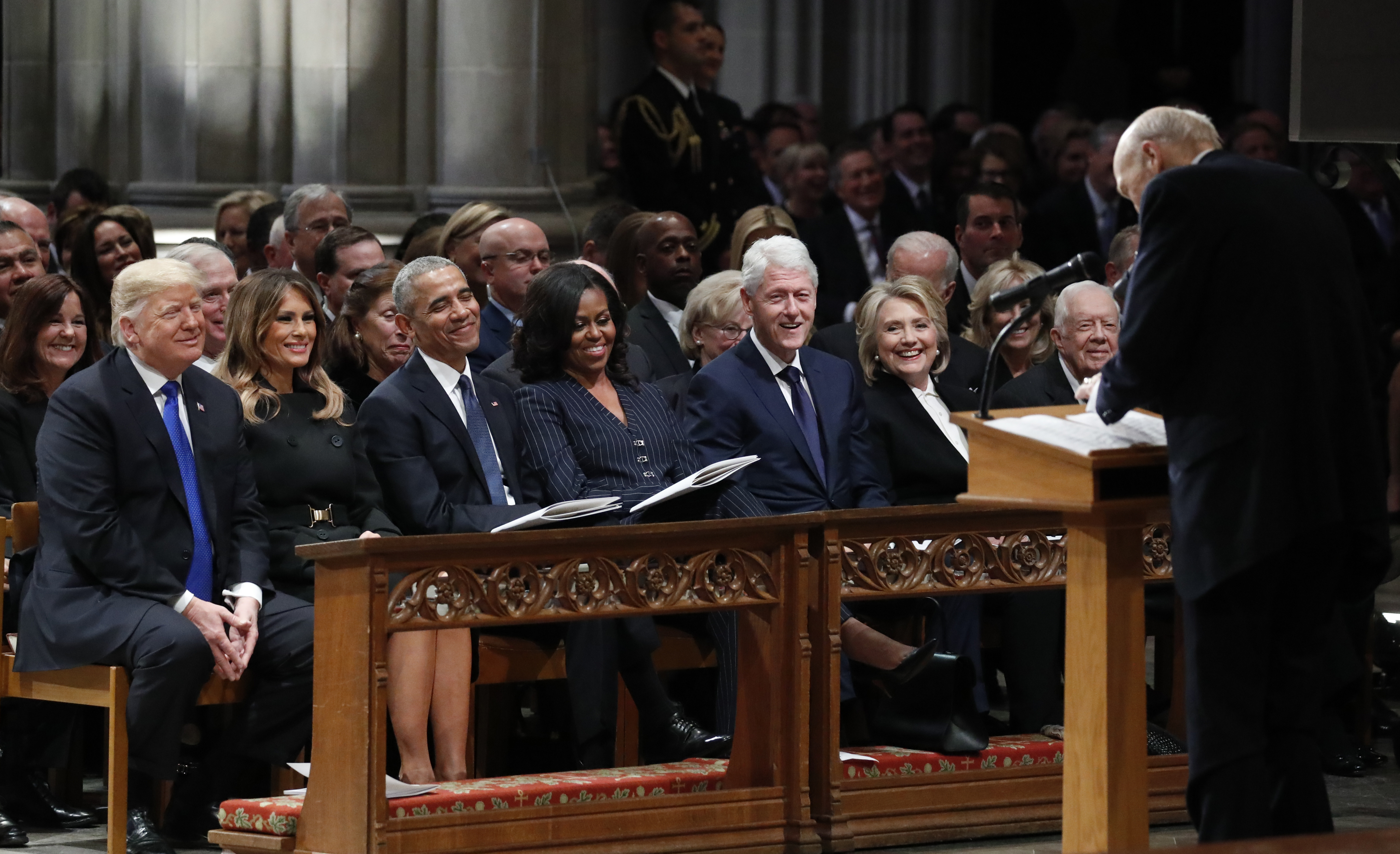 Awkward atmosphere as Trump and former presidents attend Bush funeral