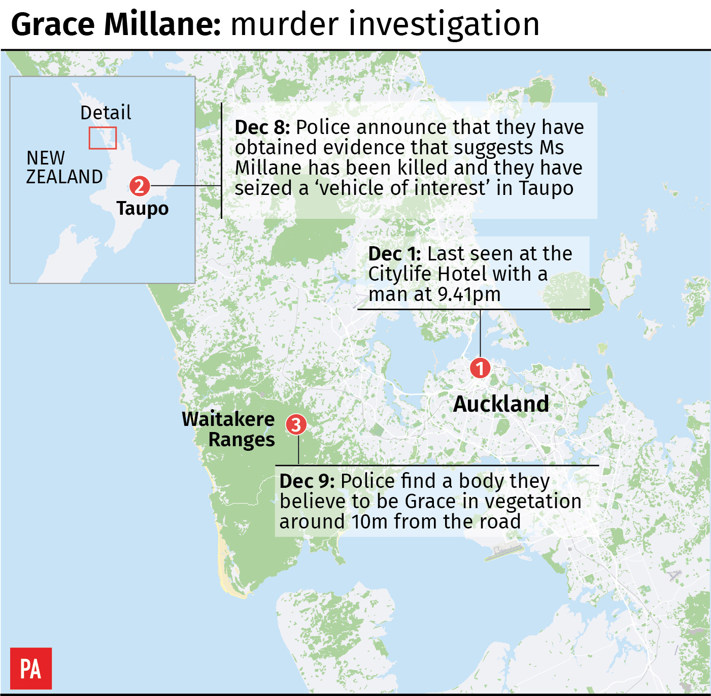 Map of key scenes in case of Grace Millane 