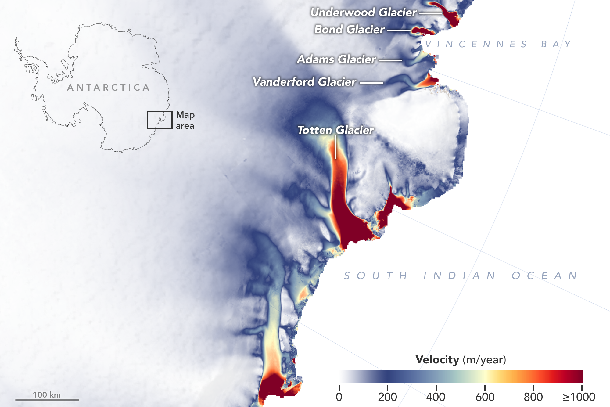 A group of four glaciers in an area of East Antarctica called Vincennes Bay, west of the massive Totten Glacier, have lowered their surface height by about 9 feet since 2008, hinting at widespread changes in the ocean