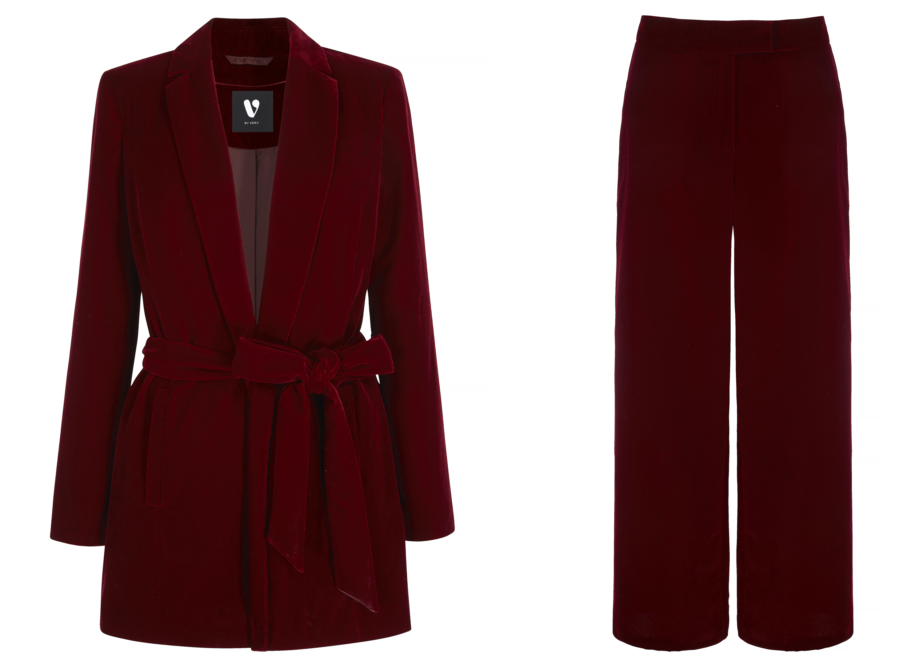 V by Very Burgundy Belted Velvet Suit Jacket; Velvet Wide Leg Suit Trousers