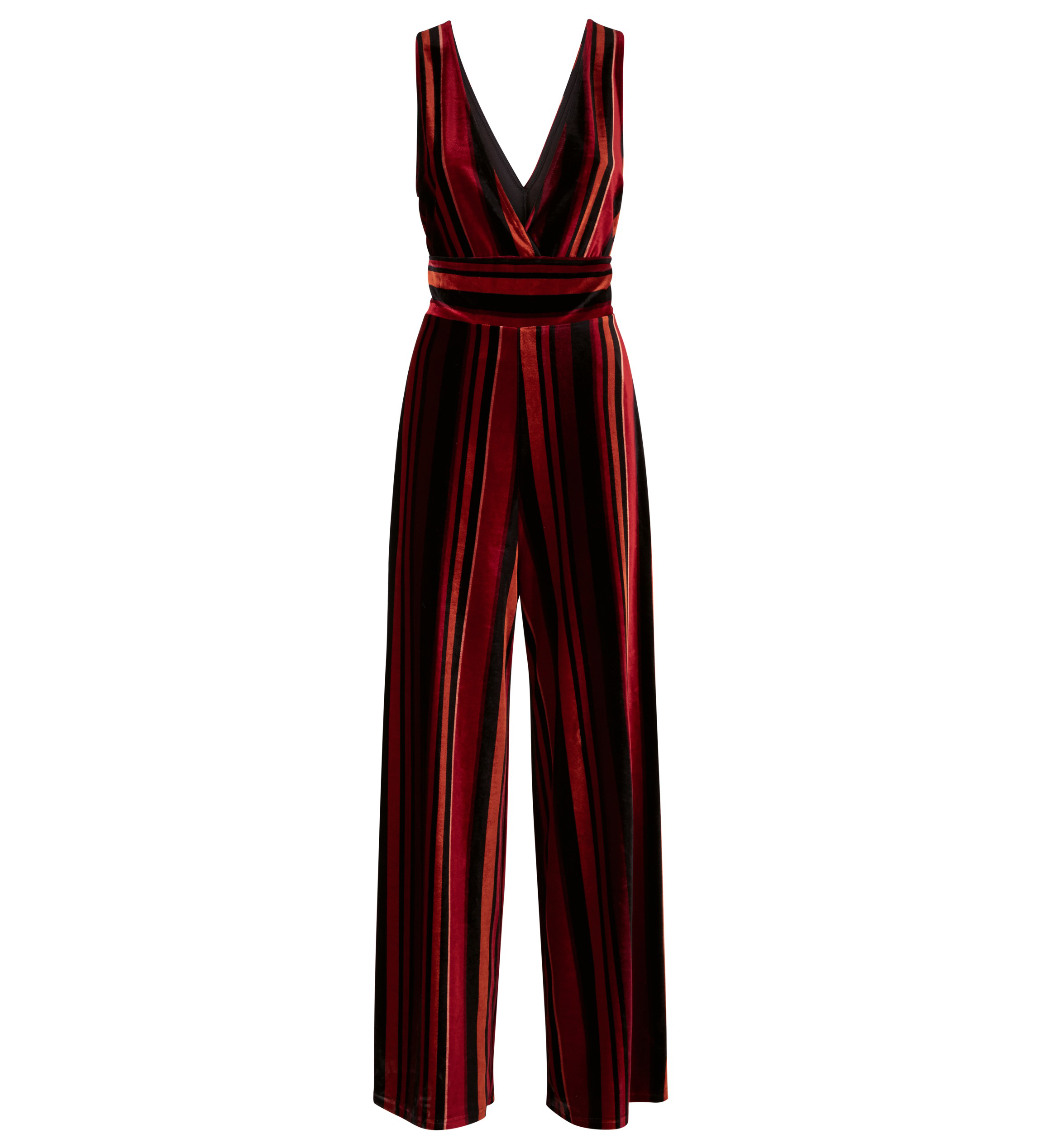 New Look Red Stripe Velvet Wide Leg Jumpsuit