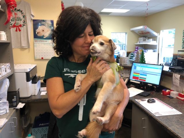 Sniffles with Michele Wacker, special needs director at the shelter (Poodle and Pooch Rescue of Florida)