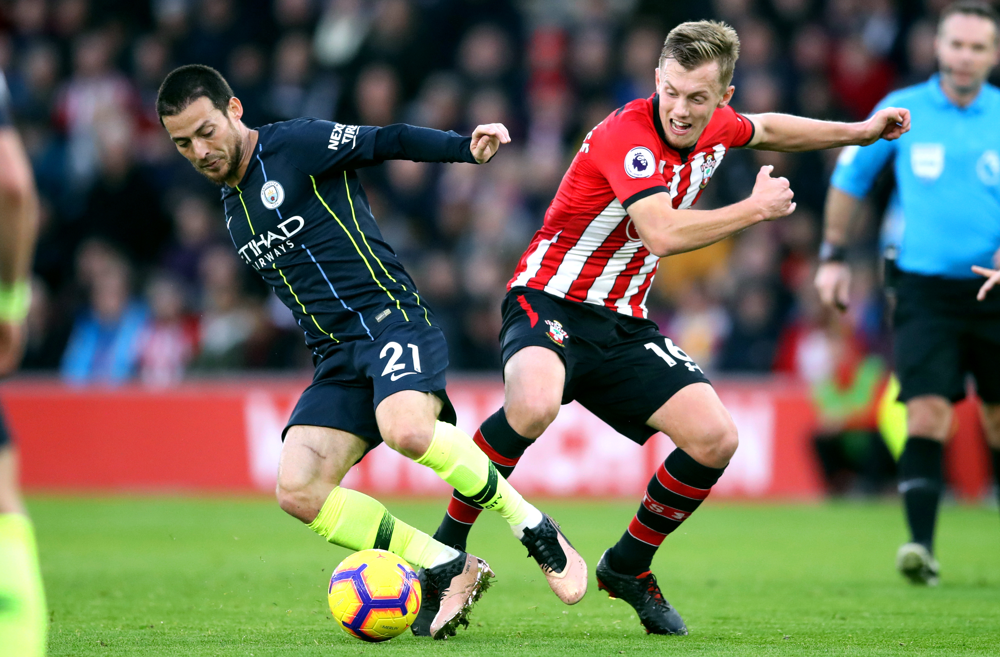 Manchester City's David Silva (left) and Southampton's James Ward-Prowse battle for the ball during the Premier League match at St Mary's Stadium, Southampton