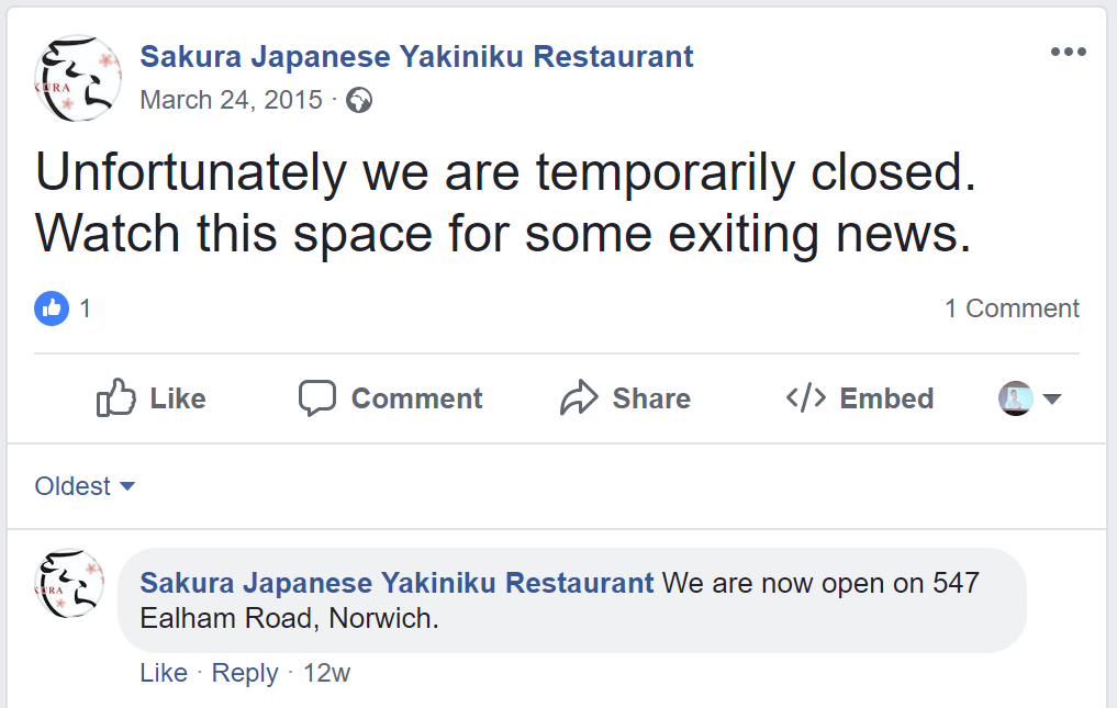A screenshot from the Facebook page for the Sakura Yakiniku restaurant