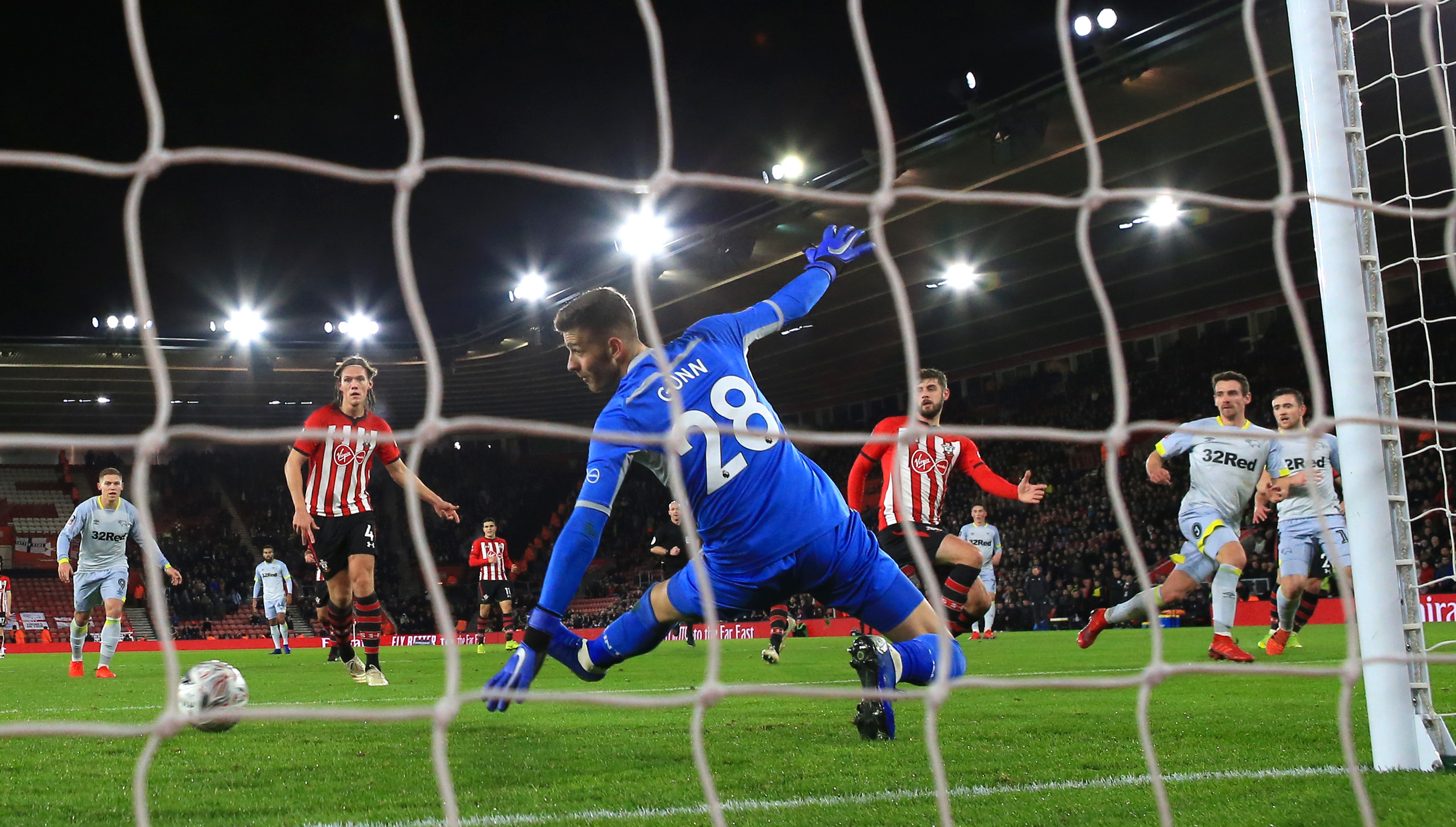 Derby County's Craig Bryson scores his side's first goal of the game which is later ruled offside by a VAR decision during the Emirates FA Cup third round replay match at St Mary's Stadium