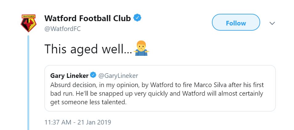 A Watford tweet poking fun at Gary Lineker