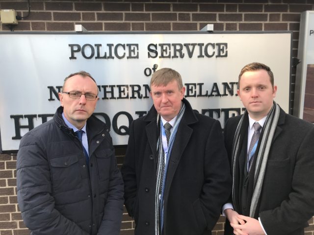 DUP Policing Board members, councillor George Dorrian and MLAs Mervyn Storey and Gary Middleton met PSNI chief constable George Hamilton at Police hq in east Belfast following the car bomb in Londonderry and security alerts. (Rebecca Black/PA)