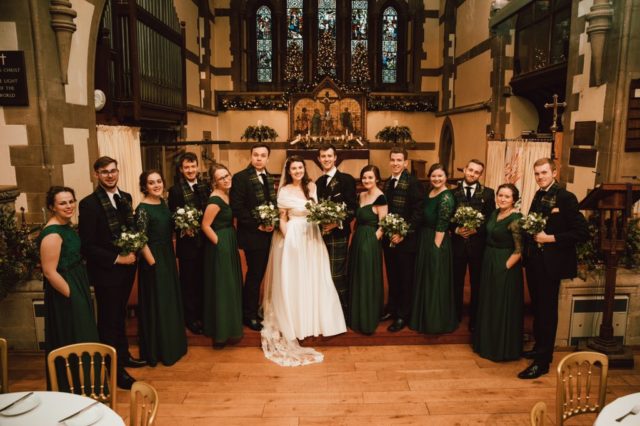 The bride, bridesmaids and groom and groomsmen