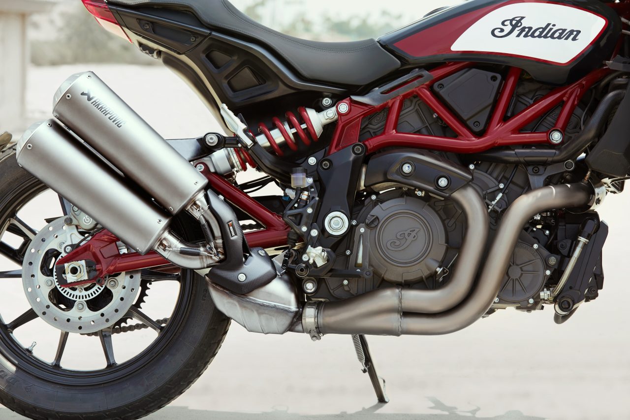 The low-mounted exhaust is constructed of titanium and stainless steel