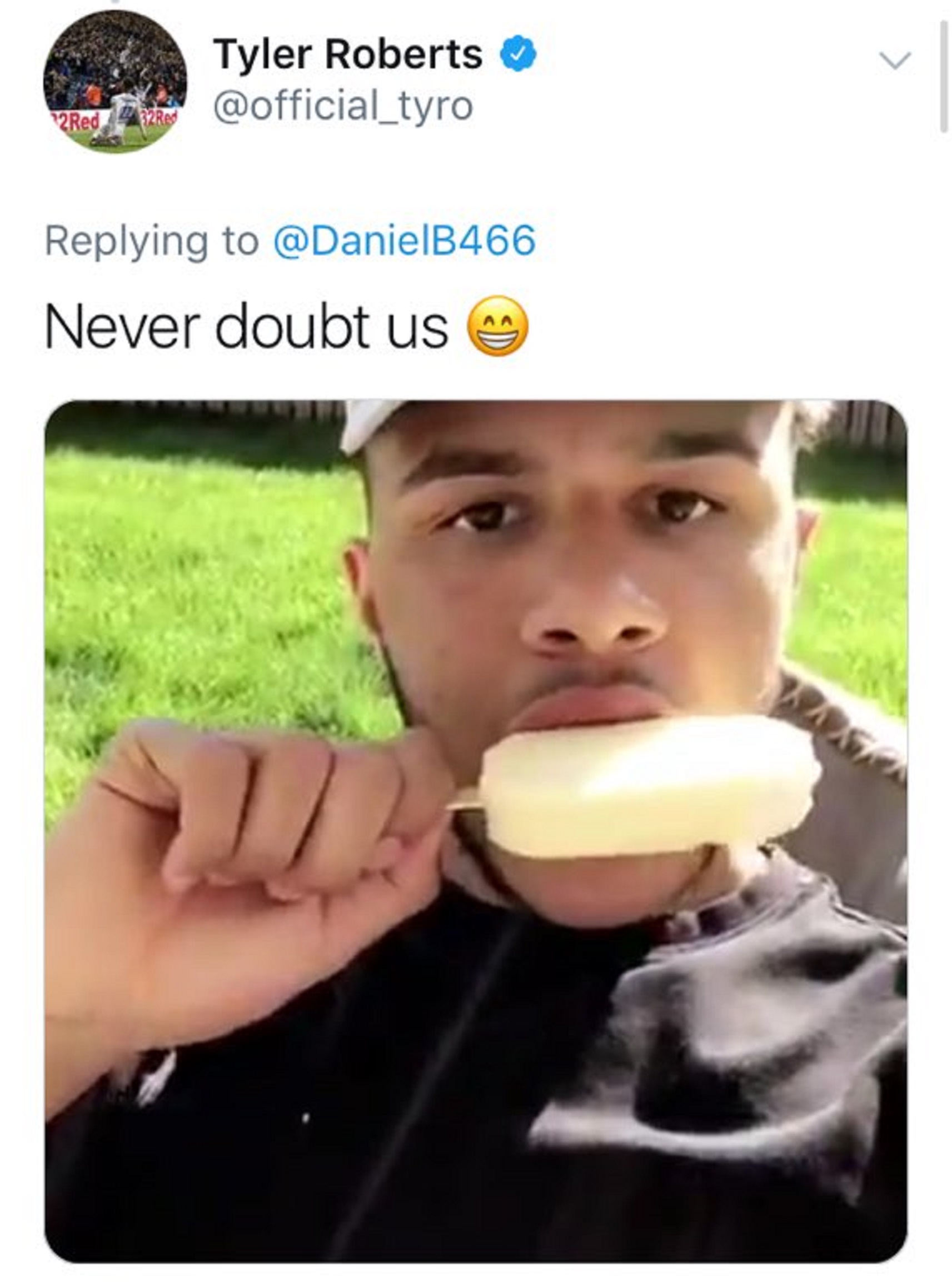 A screen grab of Tyler Roberts' response to Dan's Leeds tweet