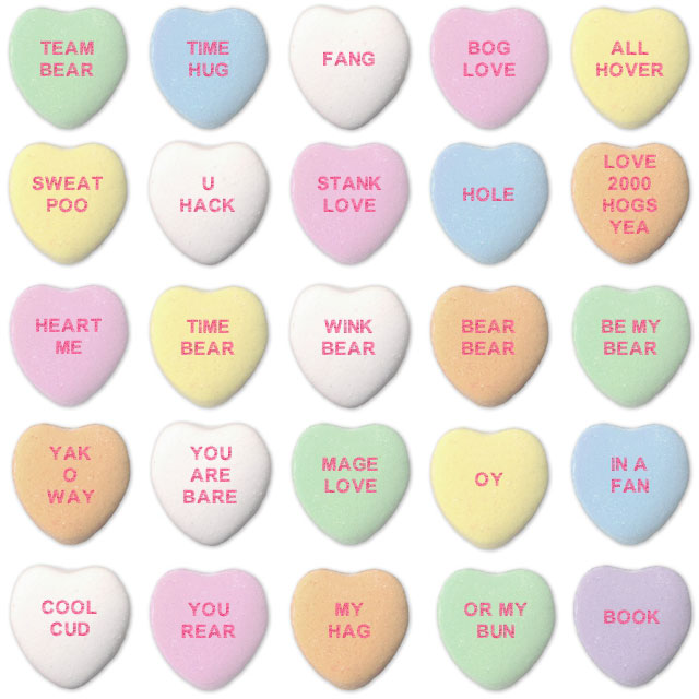 A number of candy hearts bearing funny love messages from an algorithm