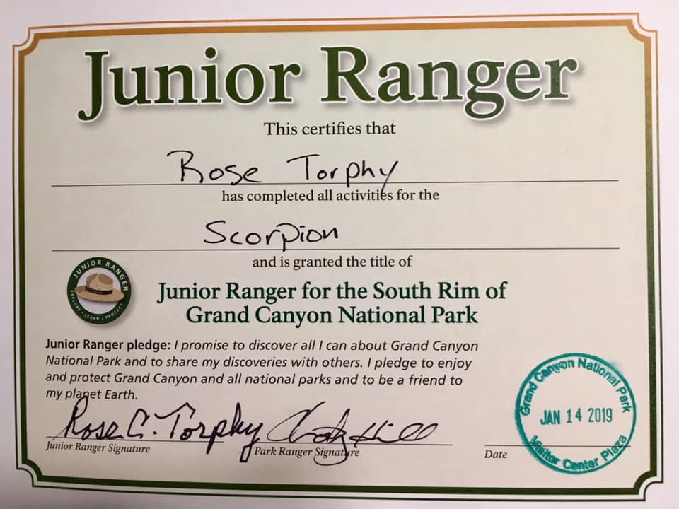 Rose's junior ranger certificate