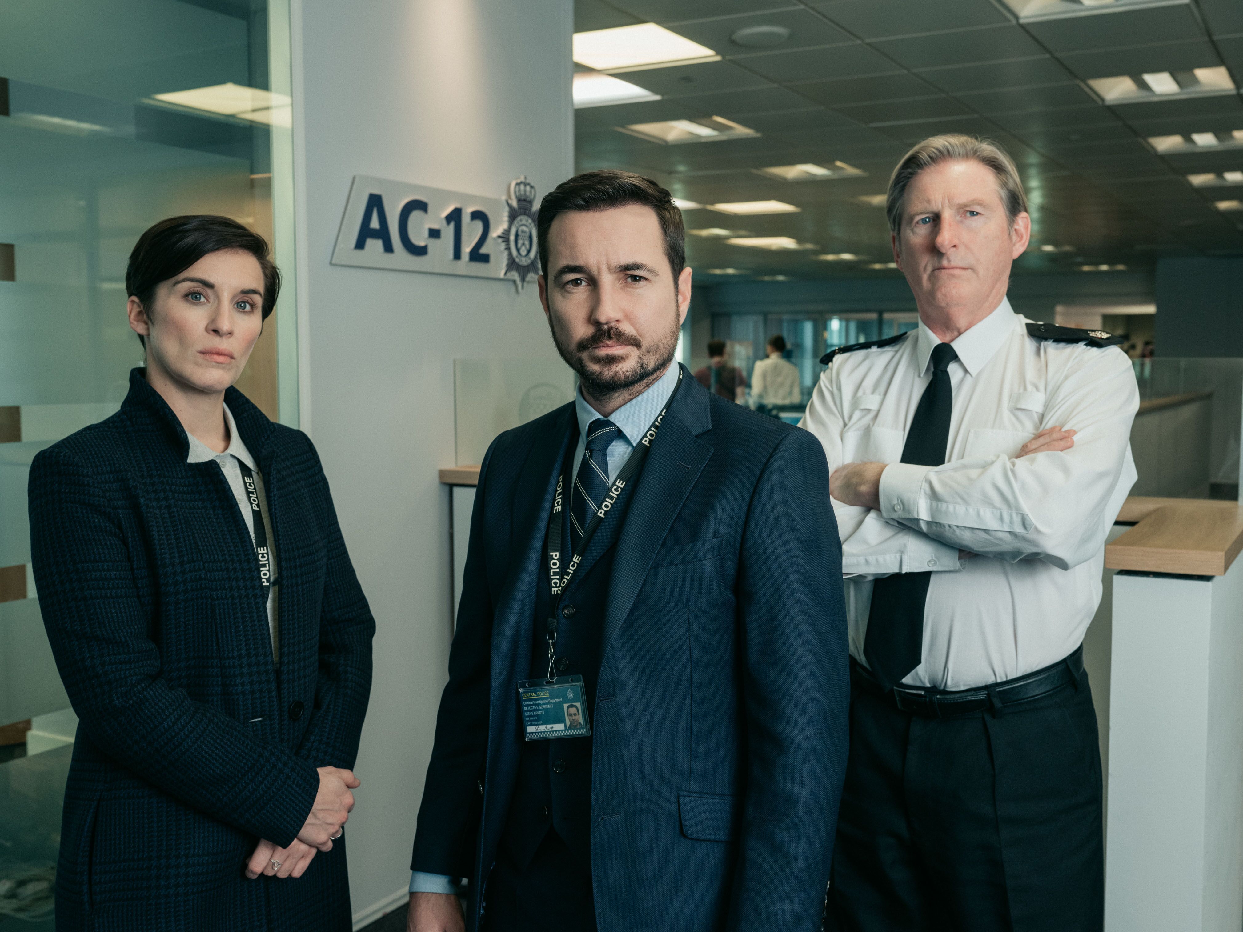 Kate Fleming, Martin Compston and Adrian Dunbar on the Line of Duty set